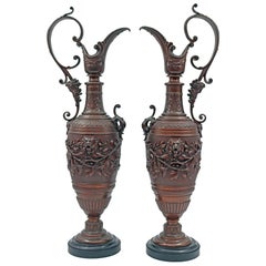 Pair of Brown Patinated Bronze Ewers