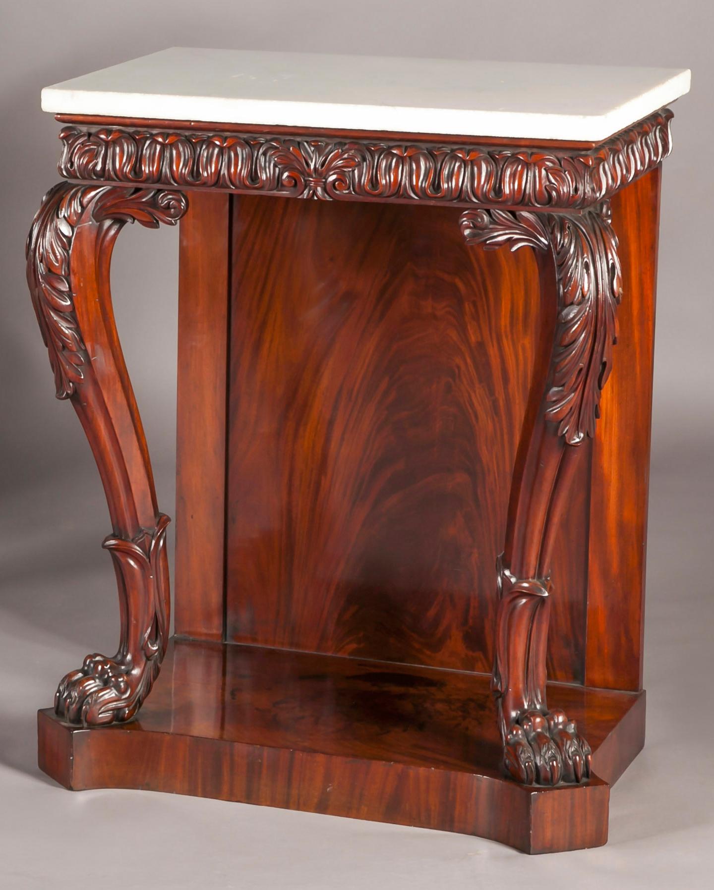 Irish Pair of Brown and White Regency Mahogany Console Tables