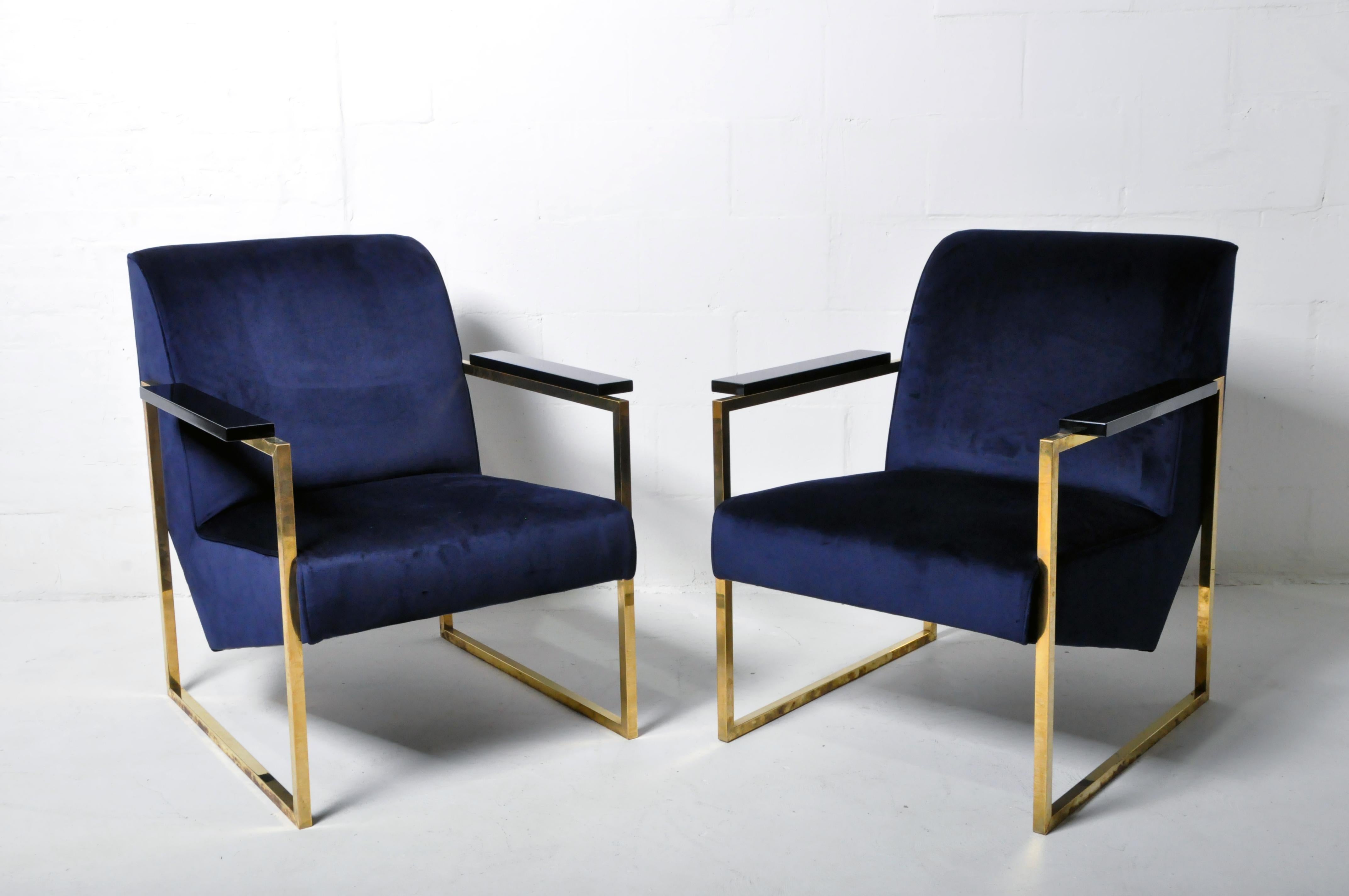 These playfully angular arm chairs are modern Hungarian interpretations of Mid-Century Modern Italian designs. Covered in chenille.