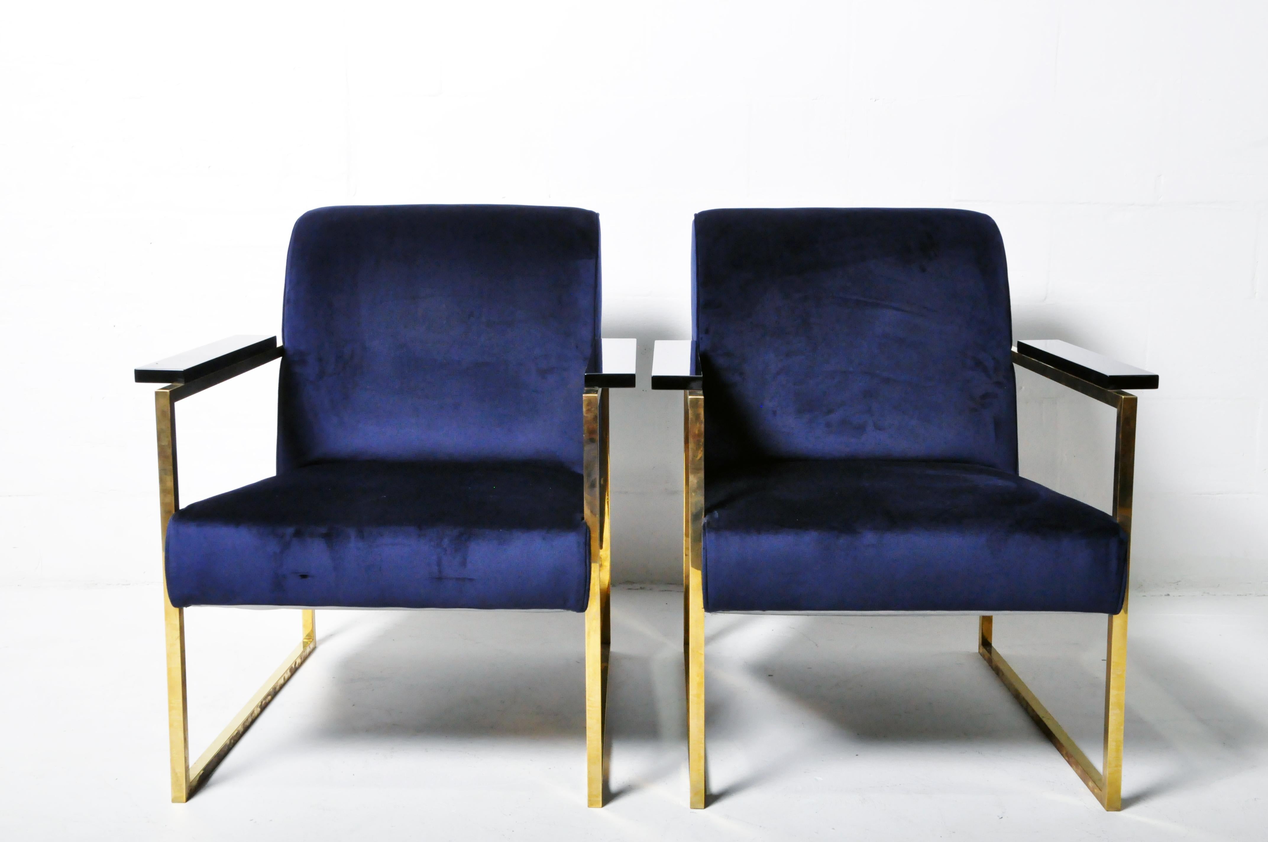 Mid-Century Modern Pair of Brutalist Lounge Chairs with Brass Arms