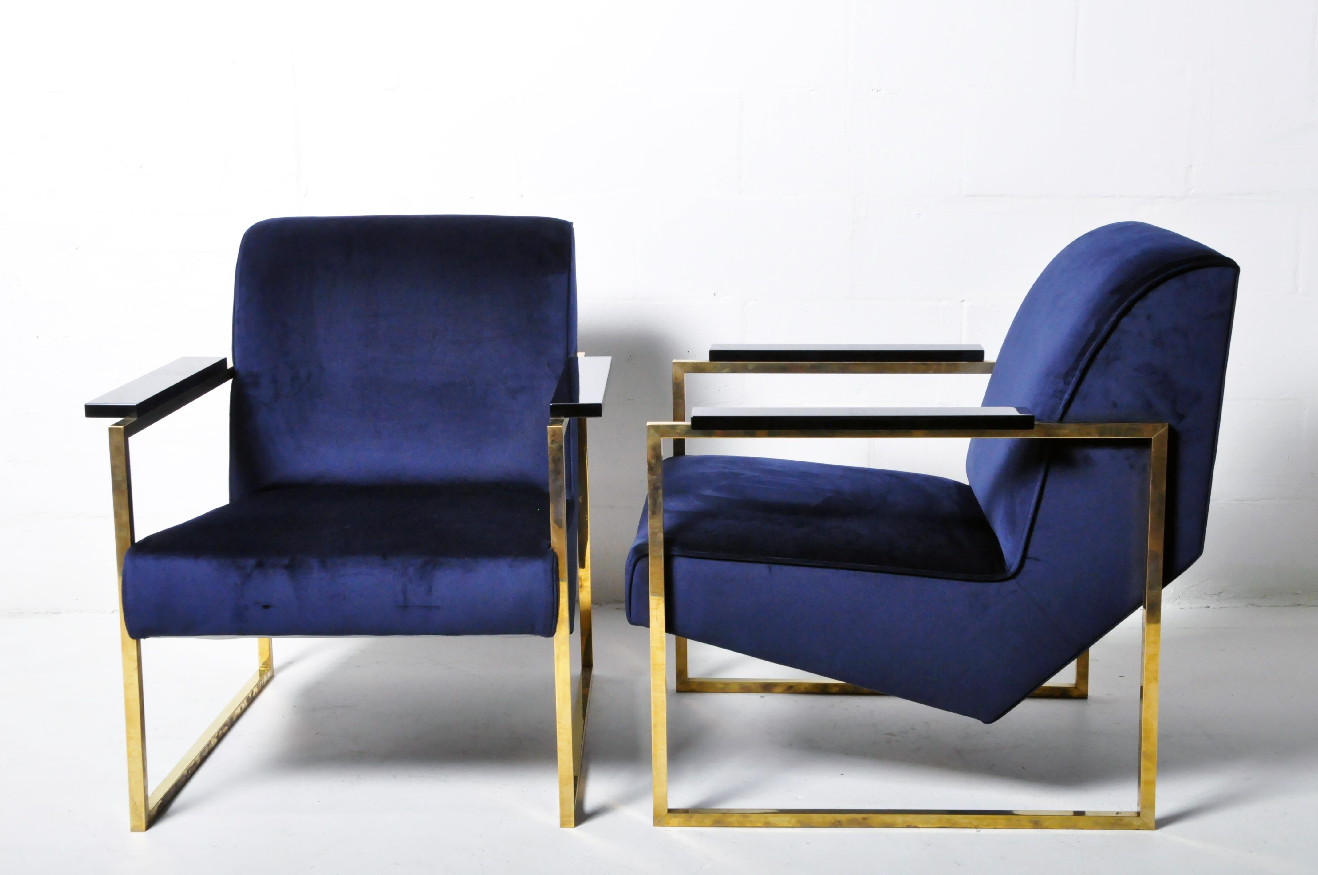 European Pair of Brutalist Lounge Chairs with Brass Arms