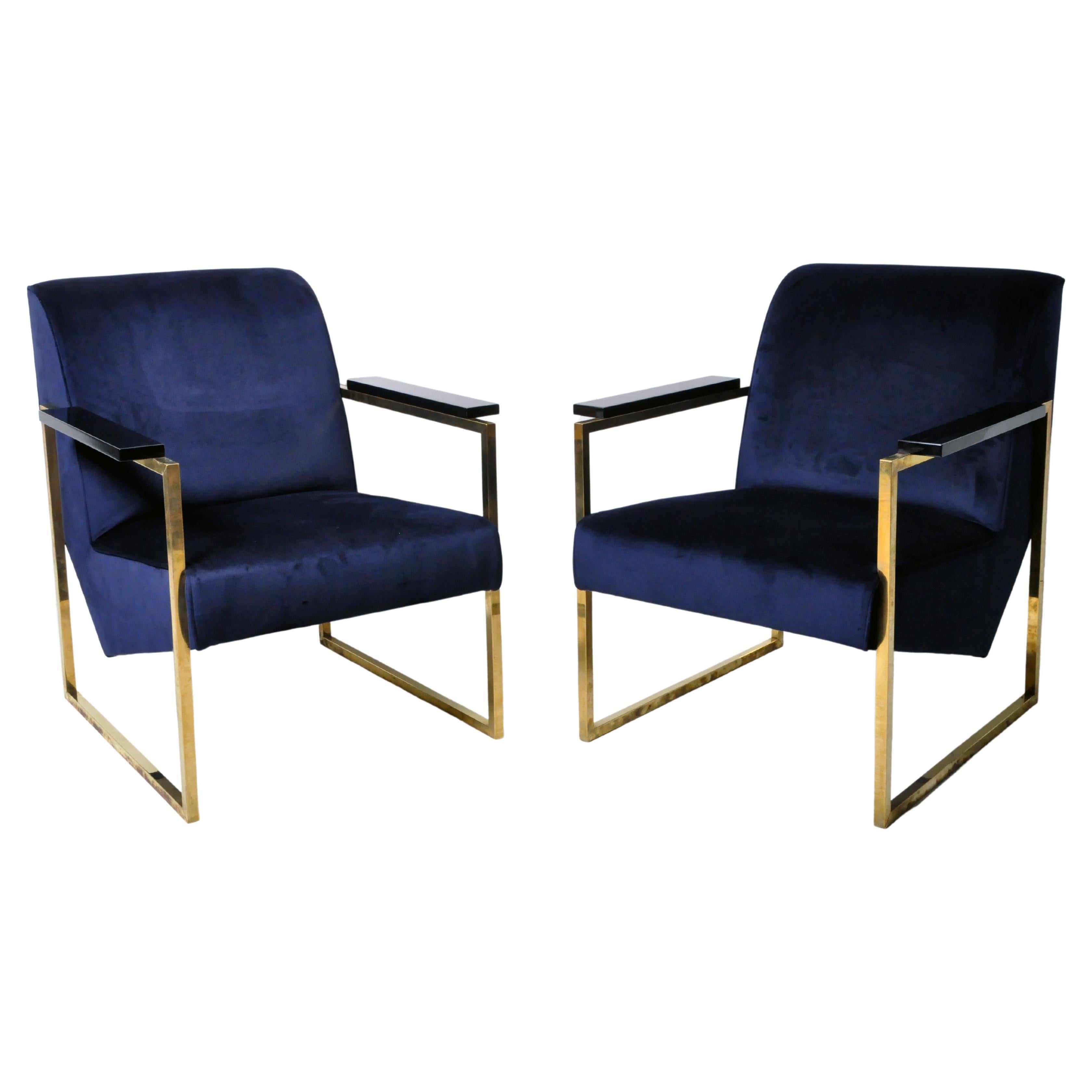 Pair of Brutalist Lounge Chairs with Brass Arms