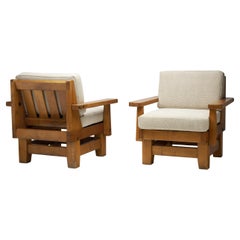 A Pair of Brutalist Oak Armchairs, Spain 1960s