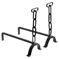 A Pair of BRUTALIST SHABBY CHIC Wrought Iron CHAIN ANDIRONS, France 1970-1980