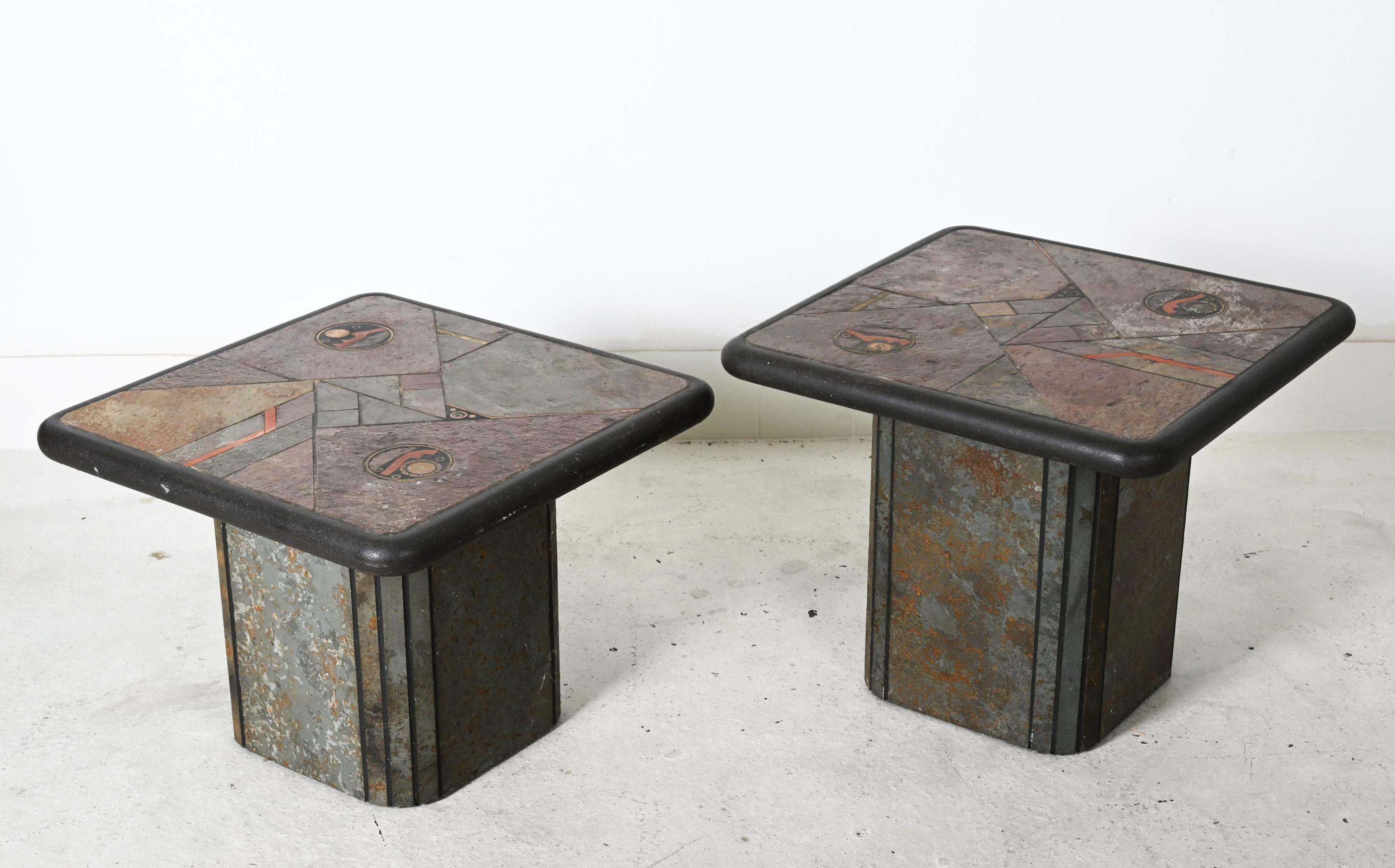 A Pair Of Brutalist Square Slate Stone Table by Paul Kingma For Sale 8