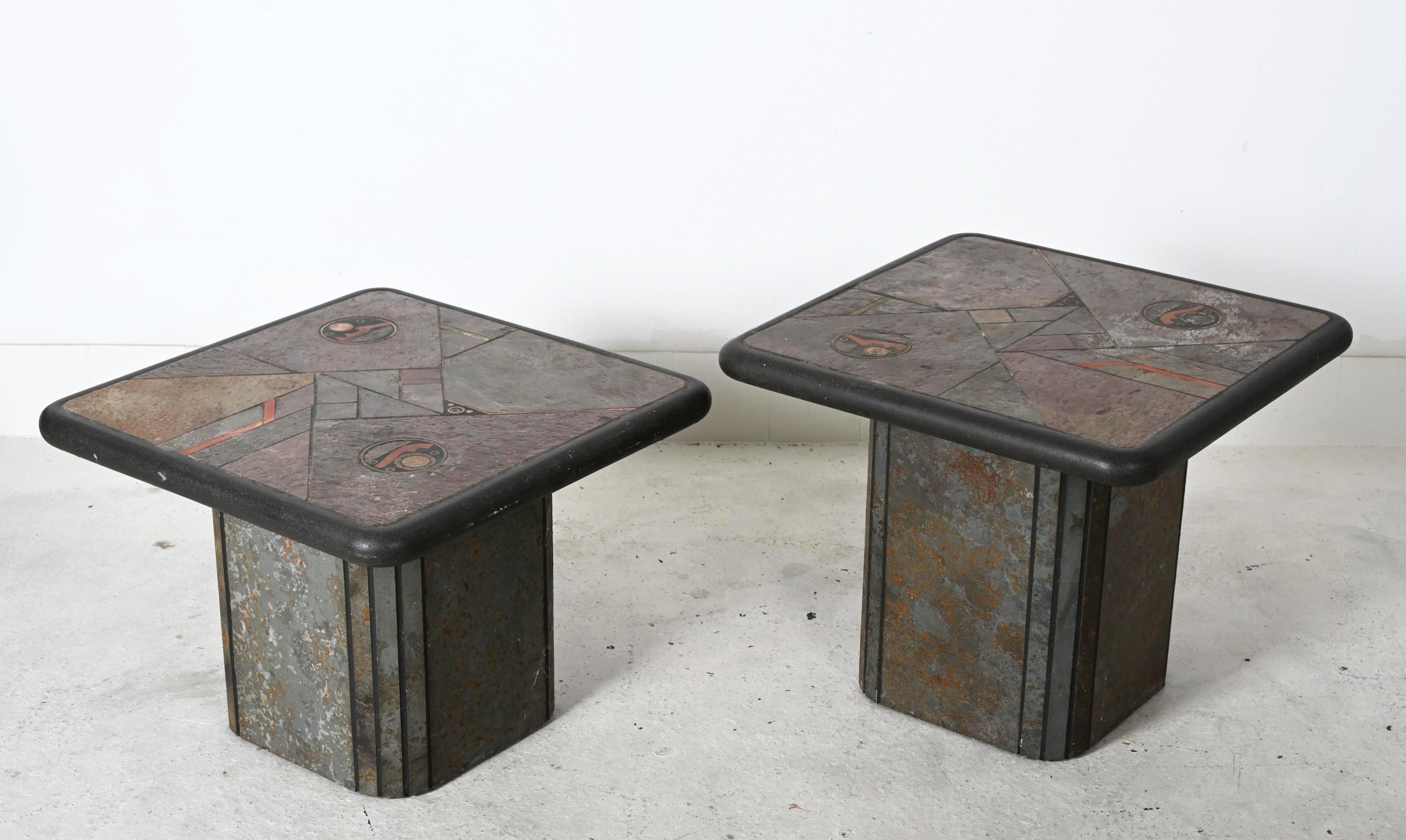 Dutch A Pair Of Brutalist Square Slate Stone Table by Paul Kingma For Sale