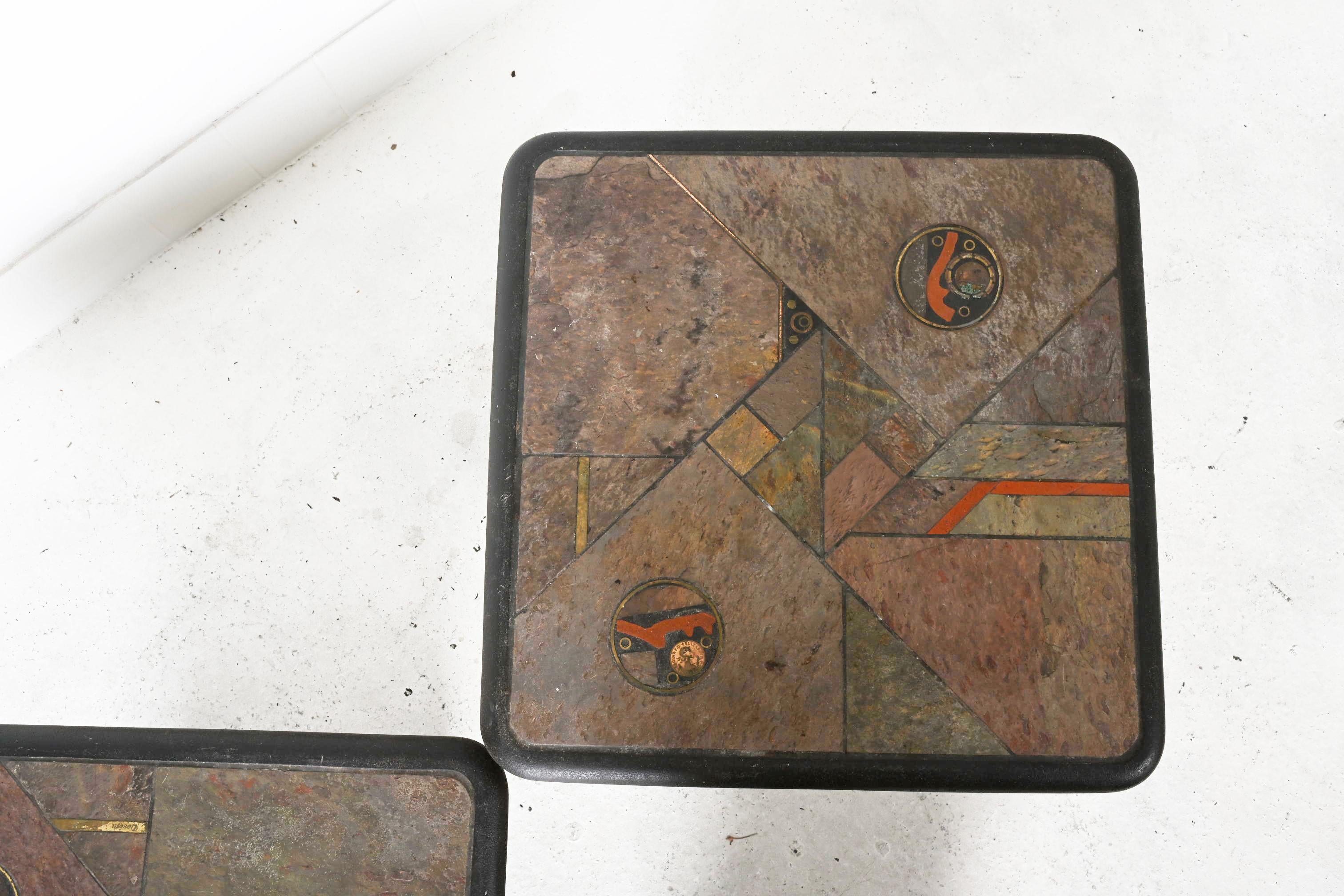 A Pair Of Brutalist Square Slate Stone Table by Paul Kingma For Sale 1