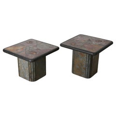 A Pair Of Brutalist Square Slate Stone Table by Paul Kingma