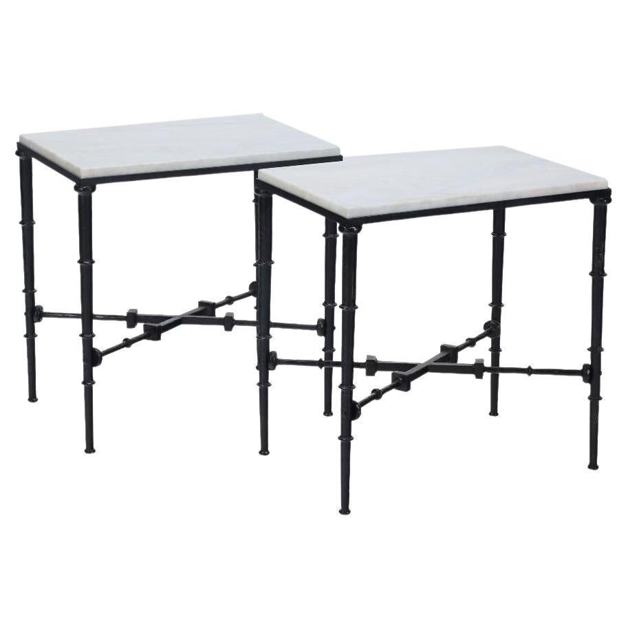 Pair of Brutalist Style Iron and Marble Top Tables, circa 1960