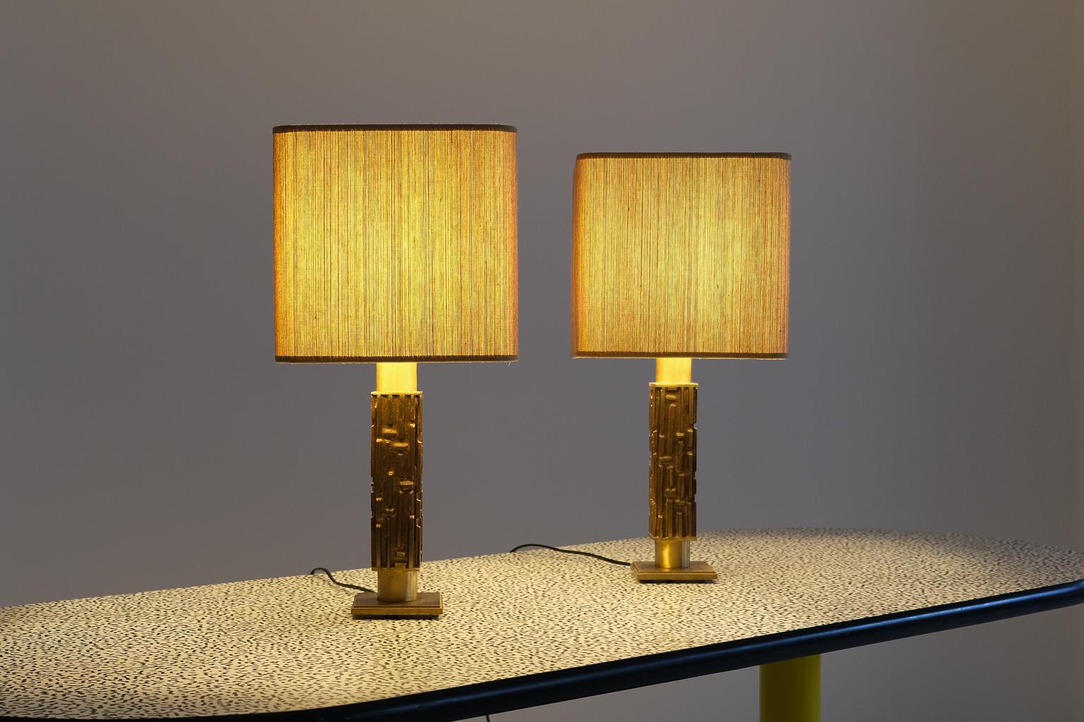 a pair of brutalistic brass table lamps by angelo brotto, italy, 1960s For Sale 7