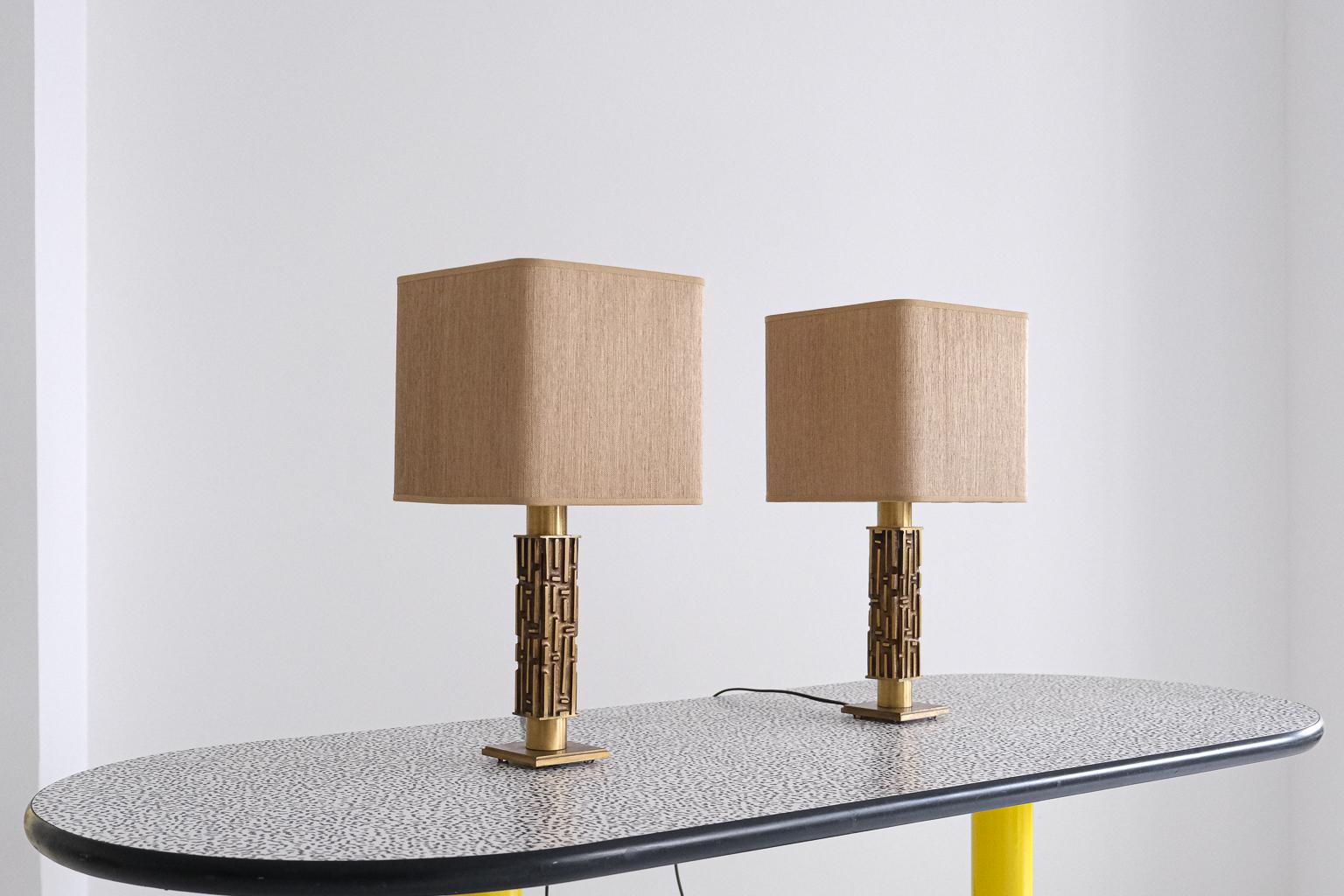 Mid-Century Modern a pair of brutalistic brass table lamps by angelo brotto, italy, 1960s For Sale