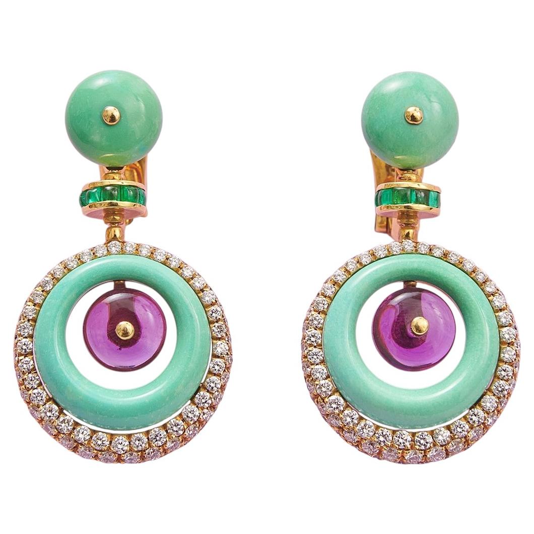 A Pair of Bulgari Earrings with Turquoise, Diamond and Amethyst