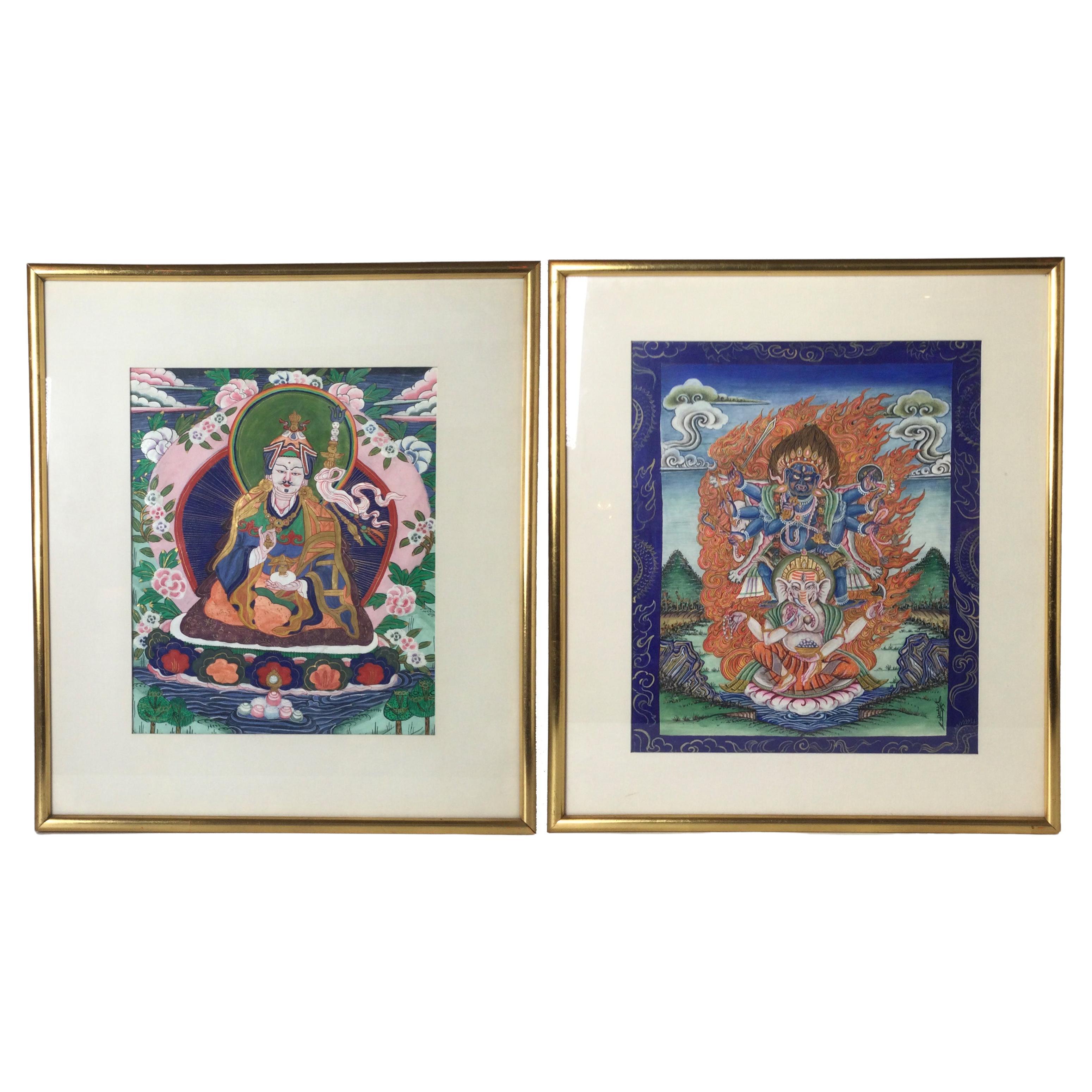 Paire de peintures birmanes encadrées en bois doré du début du XXe siècle en vente