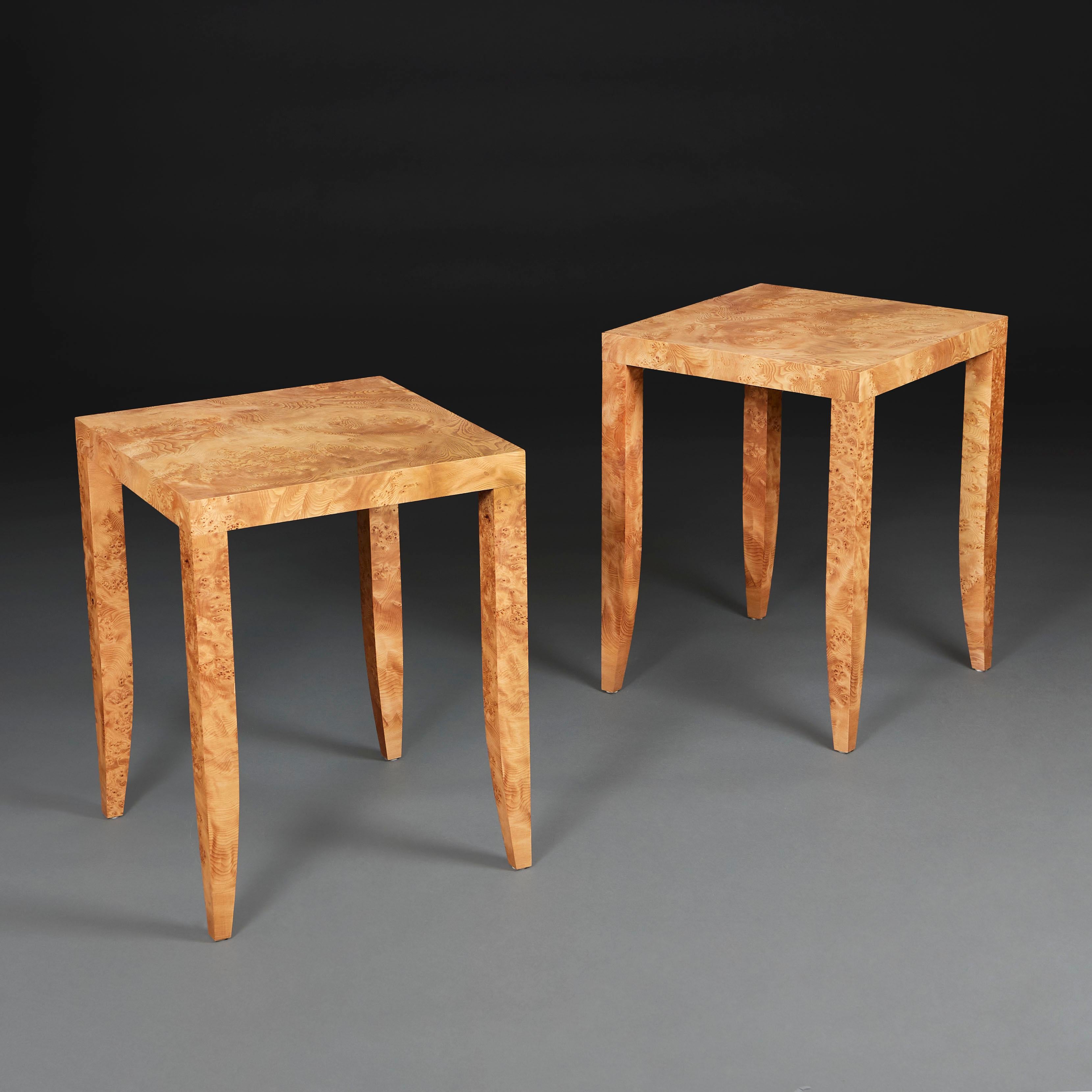 England, made to order.

A pair of square occasional tables with tapering legs, the carcass timber in ash and veneered in European fir burr wood with a natural matte finish. 

Lead time: 6 - 8 weeks.

Height   61.00cm
Width    47.00cm
Depth   