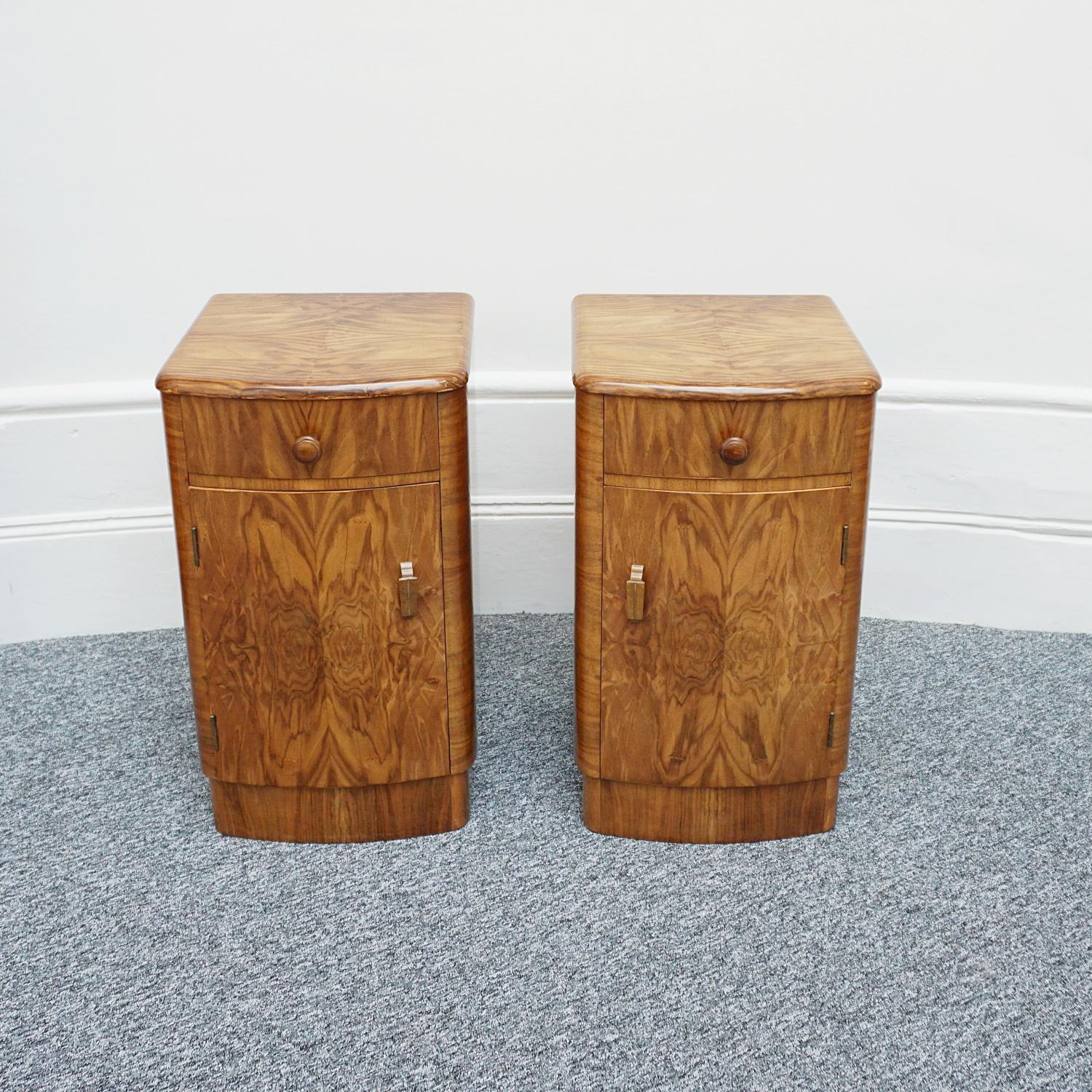 English Pair of Burr Walnut 1930's Art Deco Bedside Cabinets