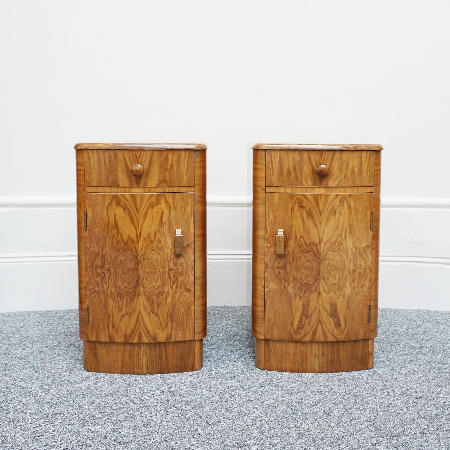 Pair of Burr Walnut 1930's Art Deco Bedside Cabinets In Good Condition In Forest Row, East Sussex