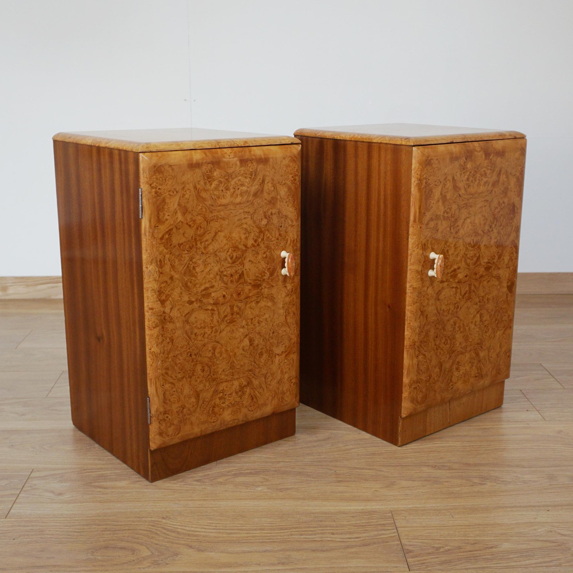 Early 20th Century A Pair of Burr Walnut Art Deco Bedside Cabinets
