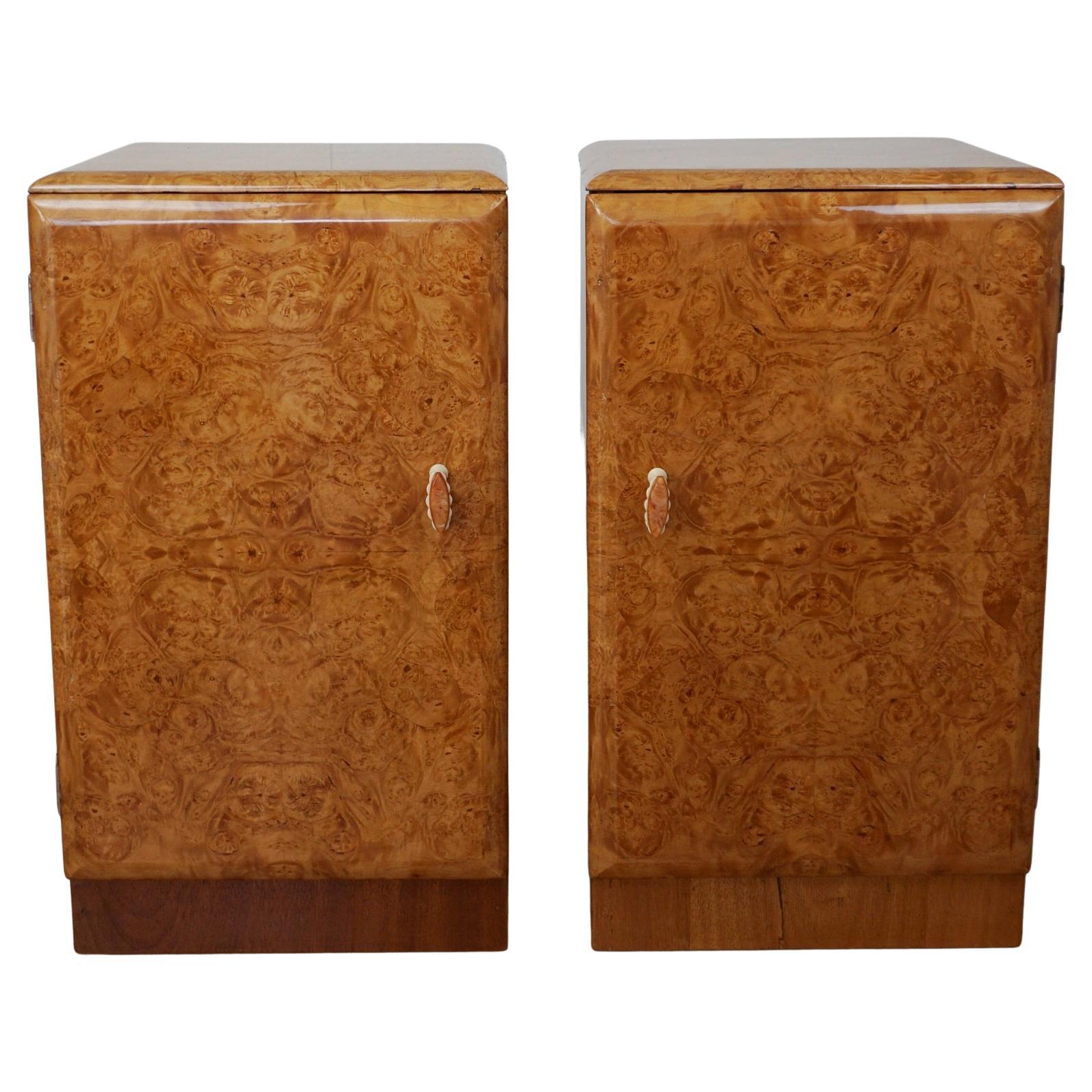 A Pair of Burr Walnut Art Deco Bedside Cabinets