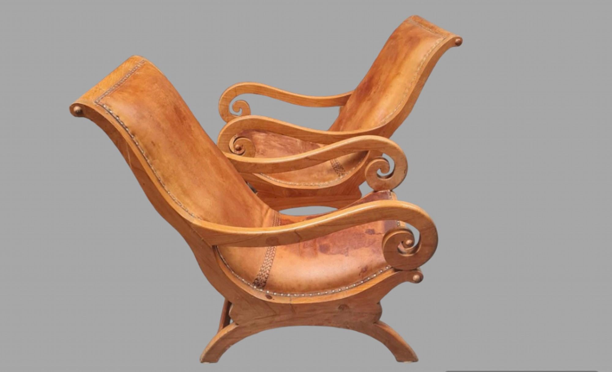 Victorian Pair of C1930's Tan Fruitwood Plantation Leathered Armchairs