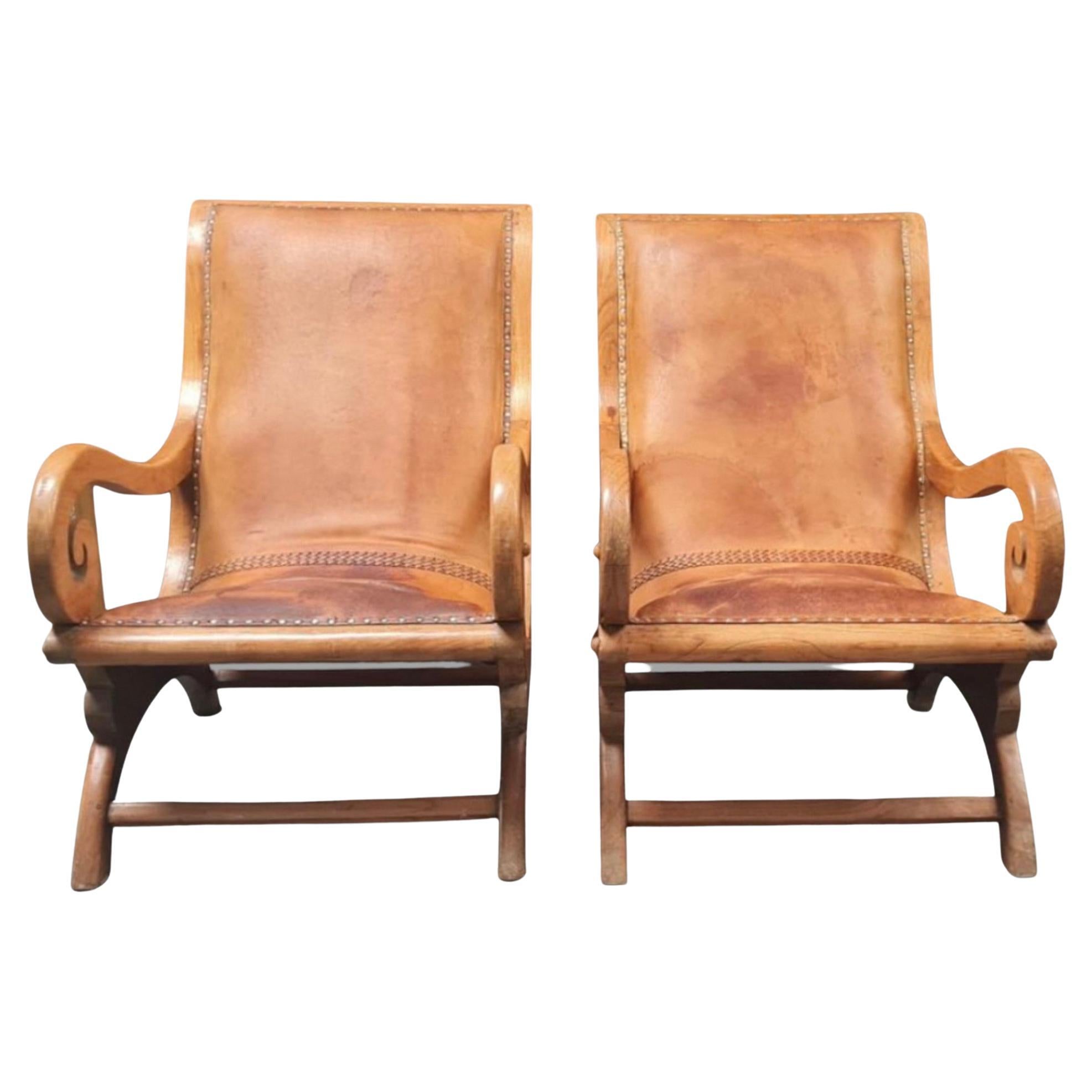 Pair of C1930's Tan Fruitwood Plantation Leathered Armchairs For Sale