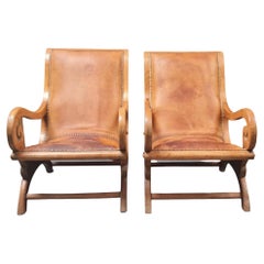 Pair of C1930's Tan Fruitwood Plantation Leathered Armchairs