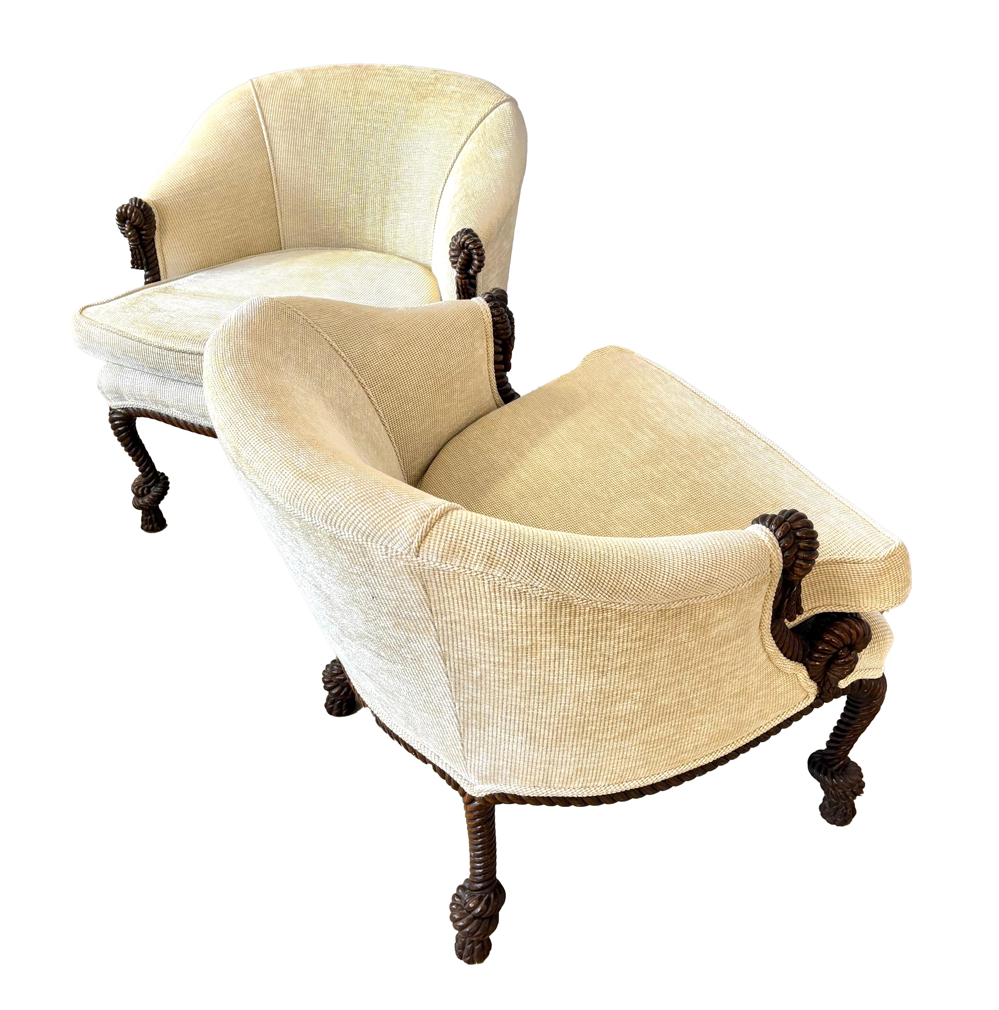 A Pair Of  c.1950s Rope And Tassel Carved Lounge Chairs For Sale 1