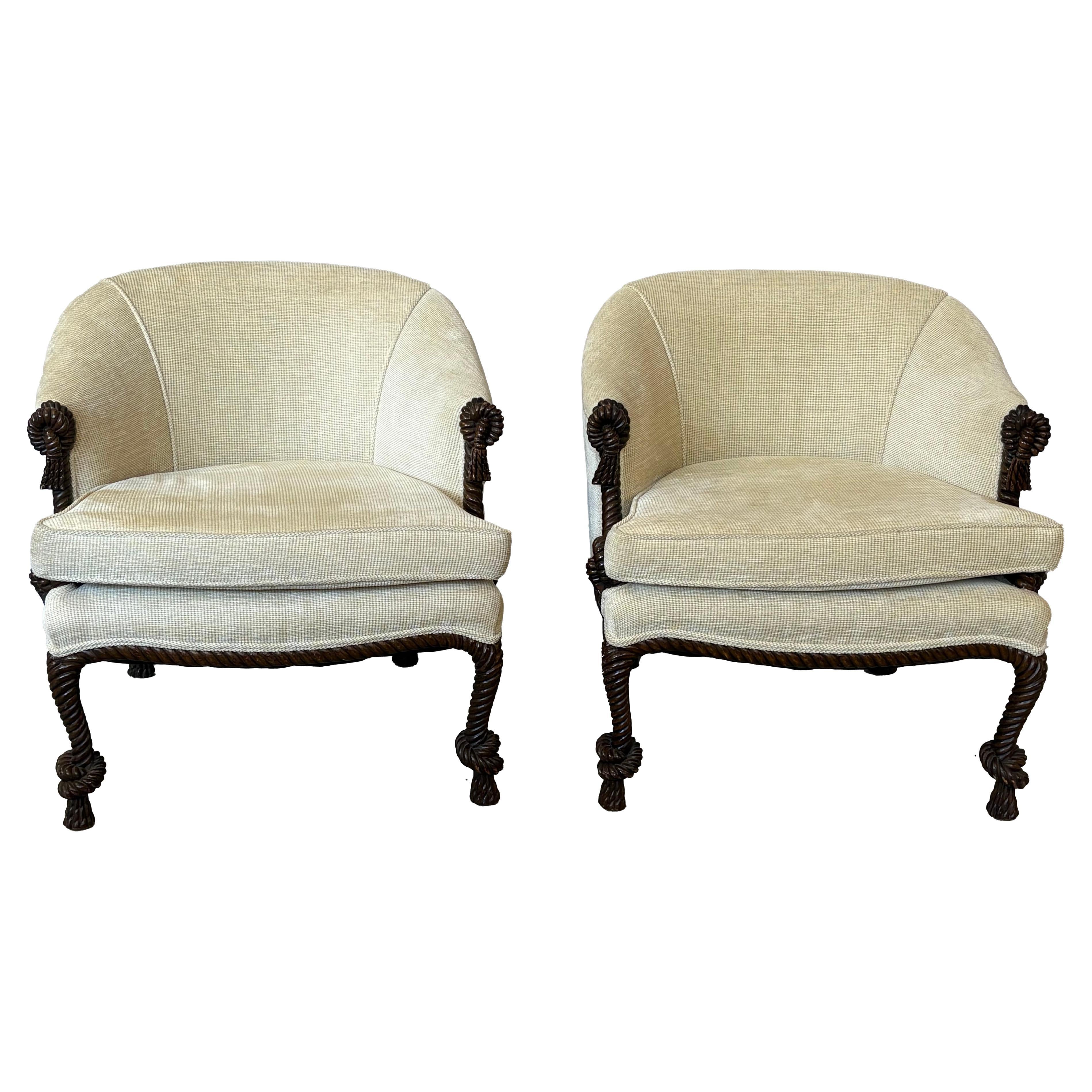 A Pair Of  c.1950s Rope And Tassel Carved Lounge Chairs For Sale