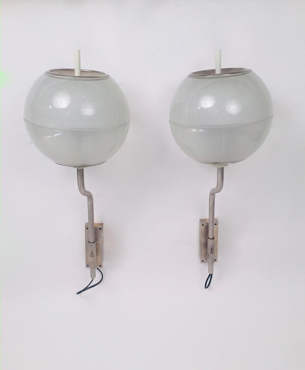 Mid-20th Century Pair of Caccia Dominioni Style Steel and Glass Sconces, 1960 For Sale