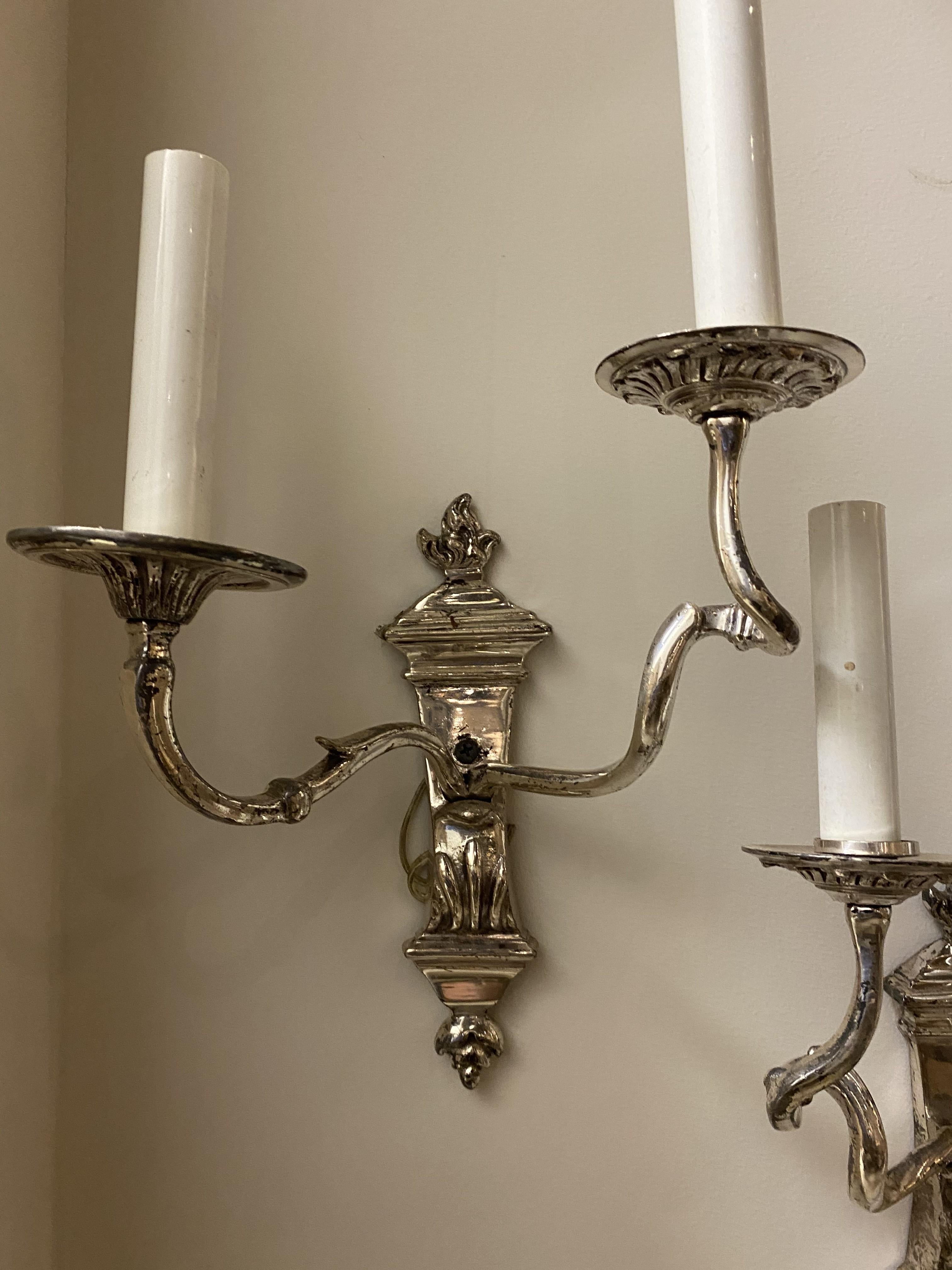 American Classical 1920's Caldwell Silver Plated Scrolled Arms Sconces For Sale