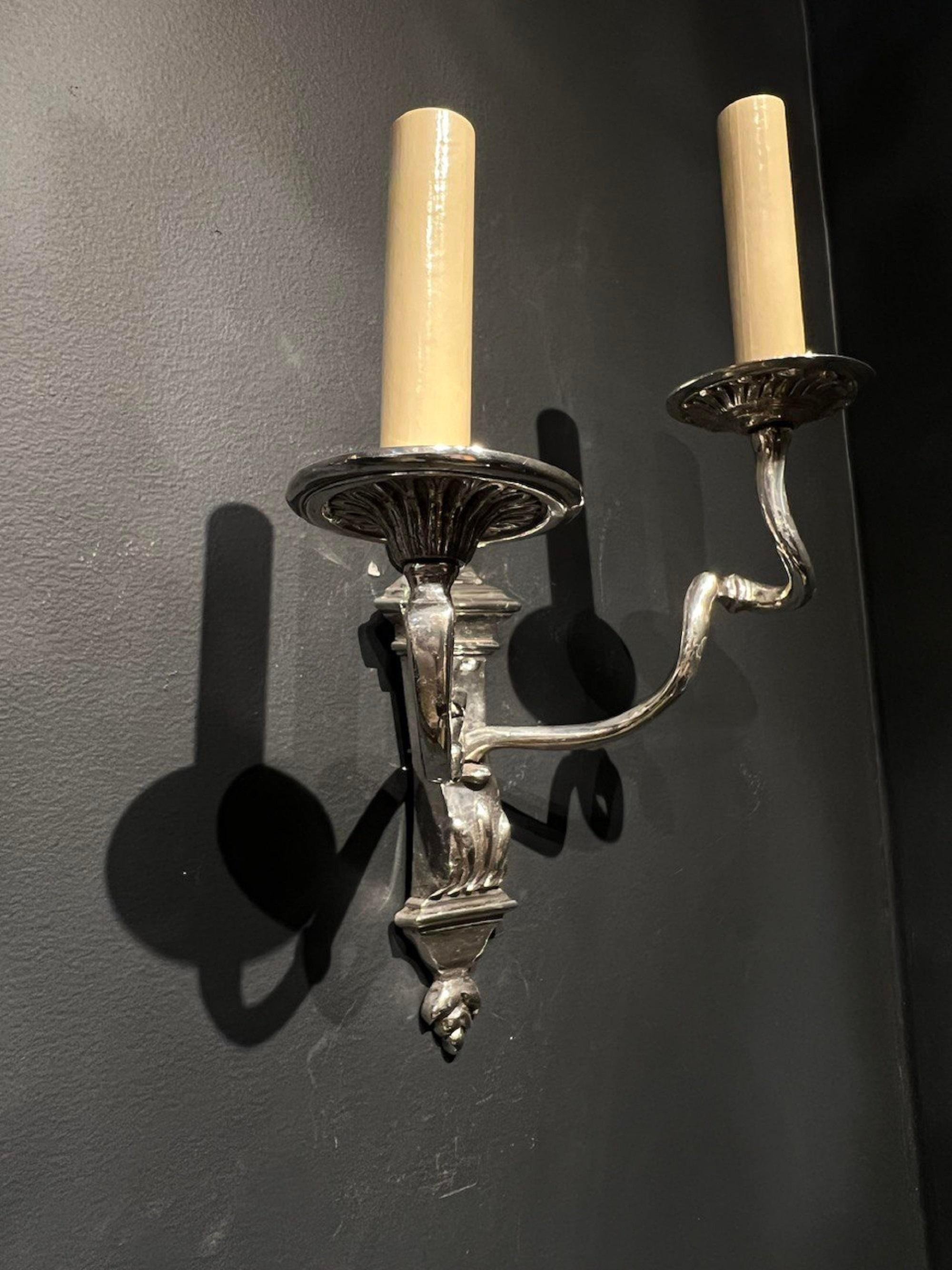 1920's Caldwell Silver Plated Scrolled Arms Sconces In Good Condition For Sale In New York, NY