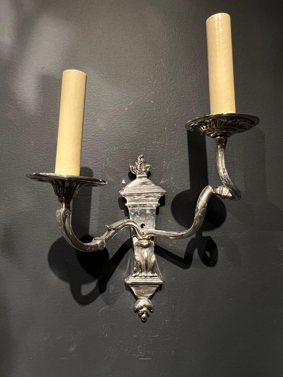 1920's Caldwell Silver Plated Scrolled Arms Sconces For Sale 1