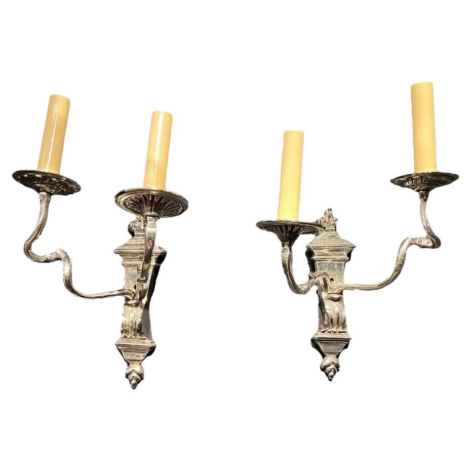 1920's Caldwell Silver Plated Scrolled Arms Sconces For Sale