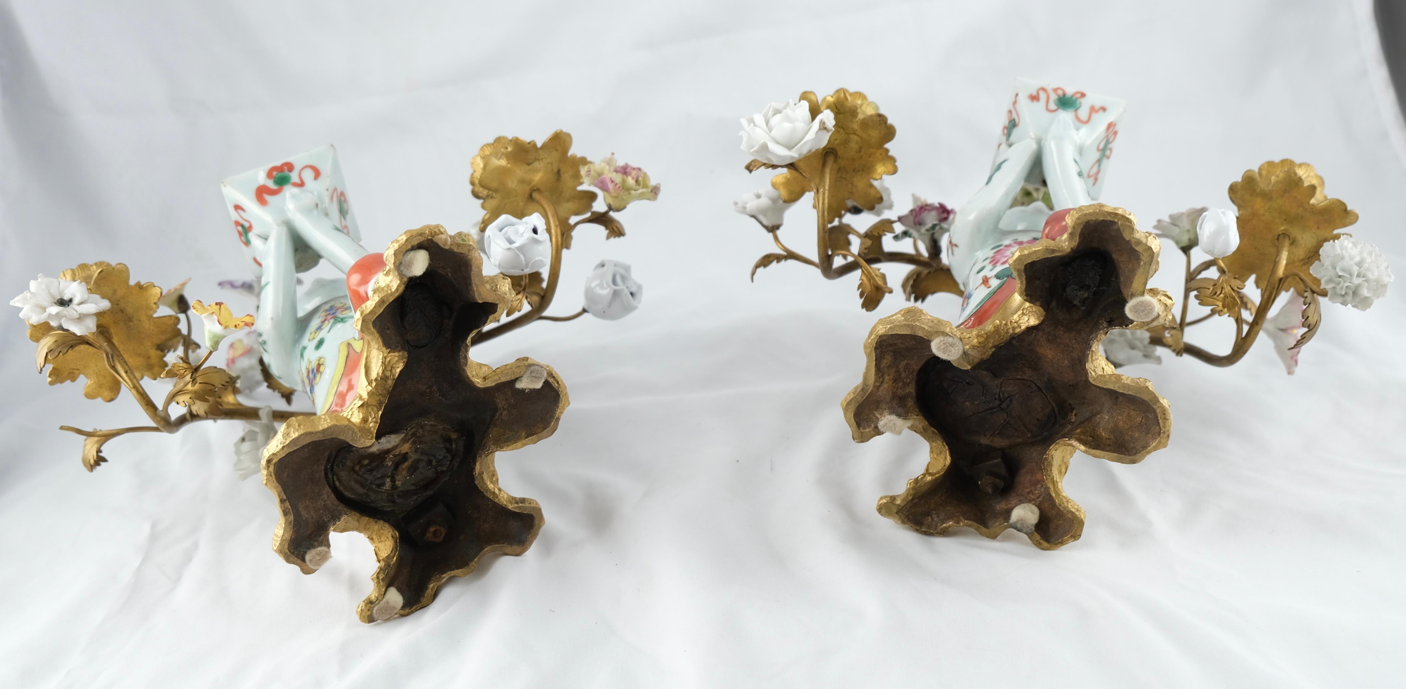 Hand-Painted Pair of Candelabra, Chinese Porcelain Incense Holders Mounted with Gilt Bronze