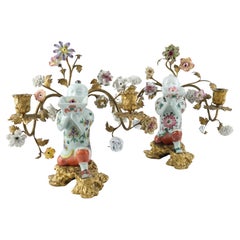 Pair of Candelabra, Chinese Porcelain Incense Holders Mounted with Gilt Bronze