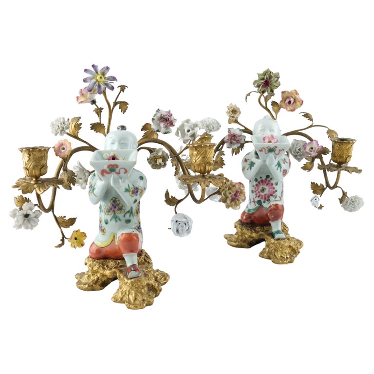 Pair of Candelabra, Chinese Porcelain Incense Holders Mounted with Gilt Bronze