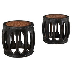 A Pair of Caned Barrel Stools
