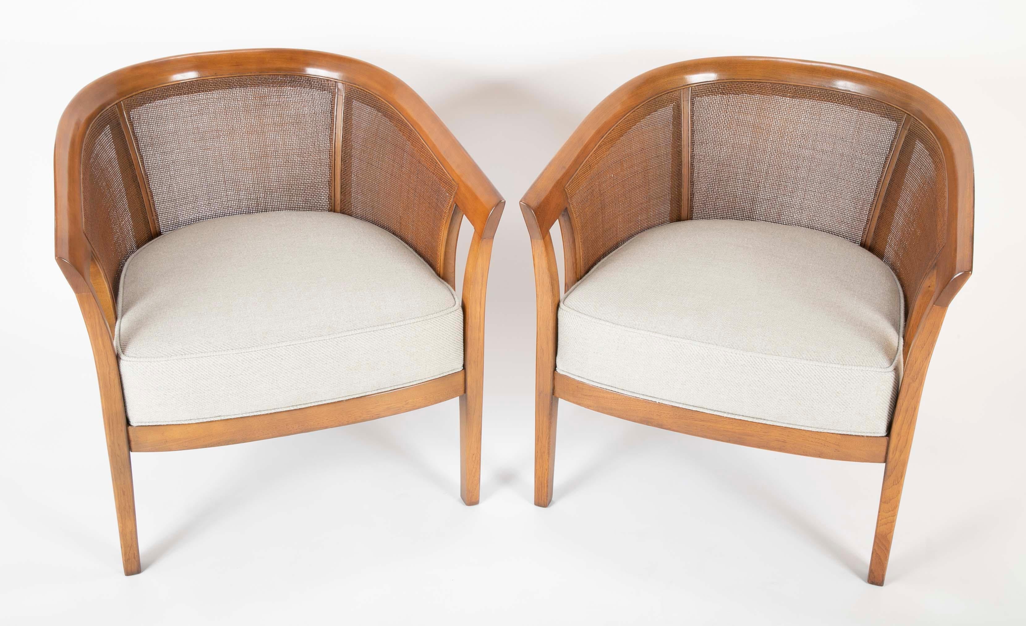 Mid-Century Modern Pair of Caned Tub Back Armchairs Designed by Edward Wormley for Dunbar