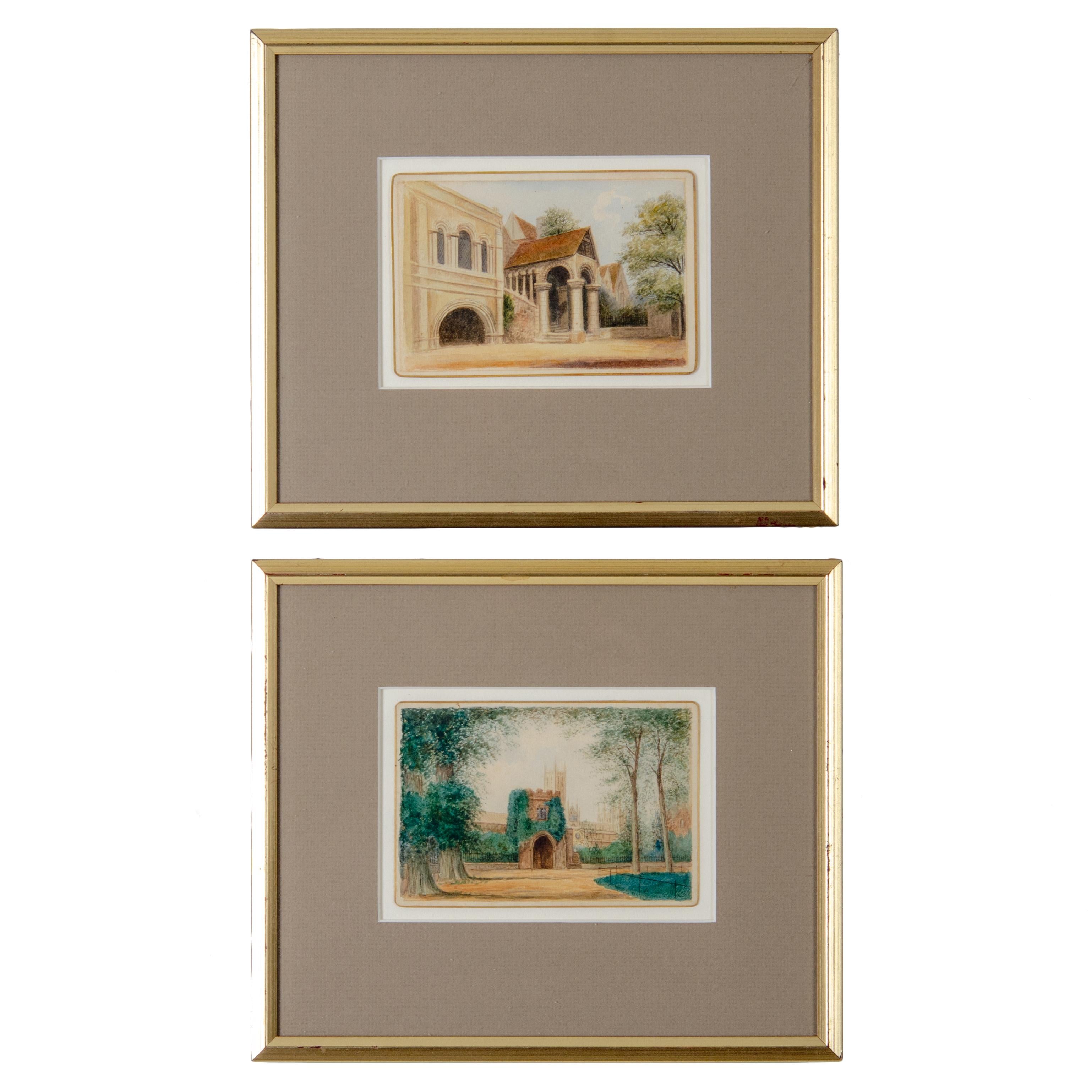 Pair of original watercolor paintings on artist board with gilded edge of Canterbury Cathedral, England’s First Cathedral, including the iconic Norman Staircase.

board: 5 ½ by 3 ¾ inches
frame: 10 ¾ by 9 inches

