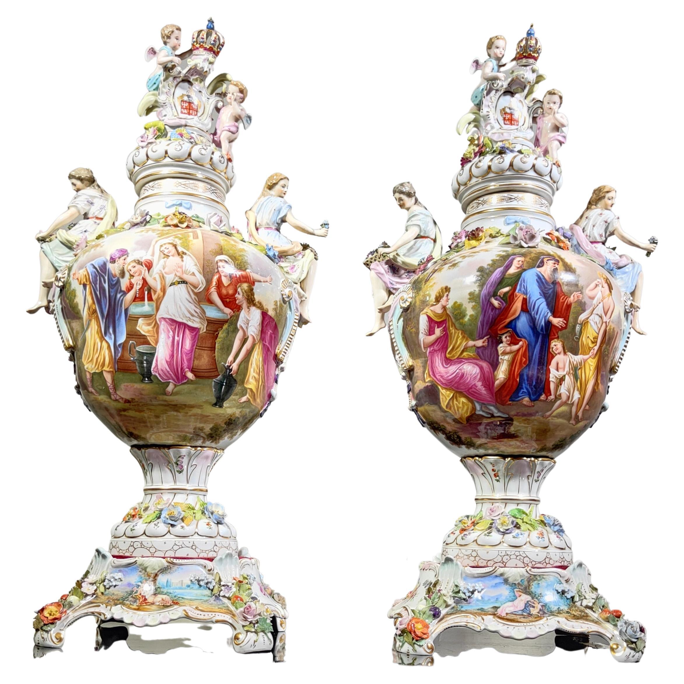 A Pair Of Carl Thieme  German porcelain Vases, Lids And Pedestals (potschappel) For Sale