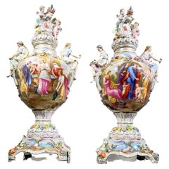 Antique A Pair Of Carl Thieme  German porcelain Vases, Lids And Pedestals (potschappel)