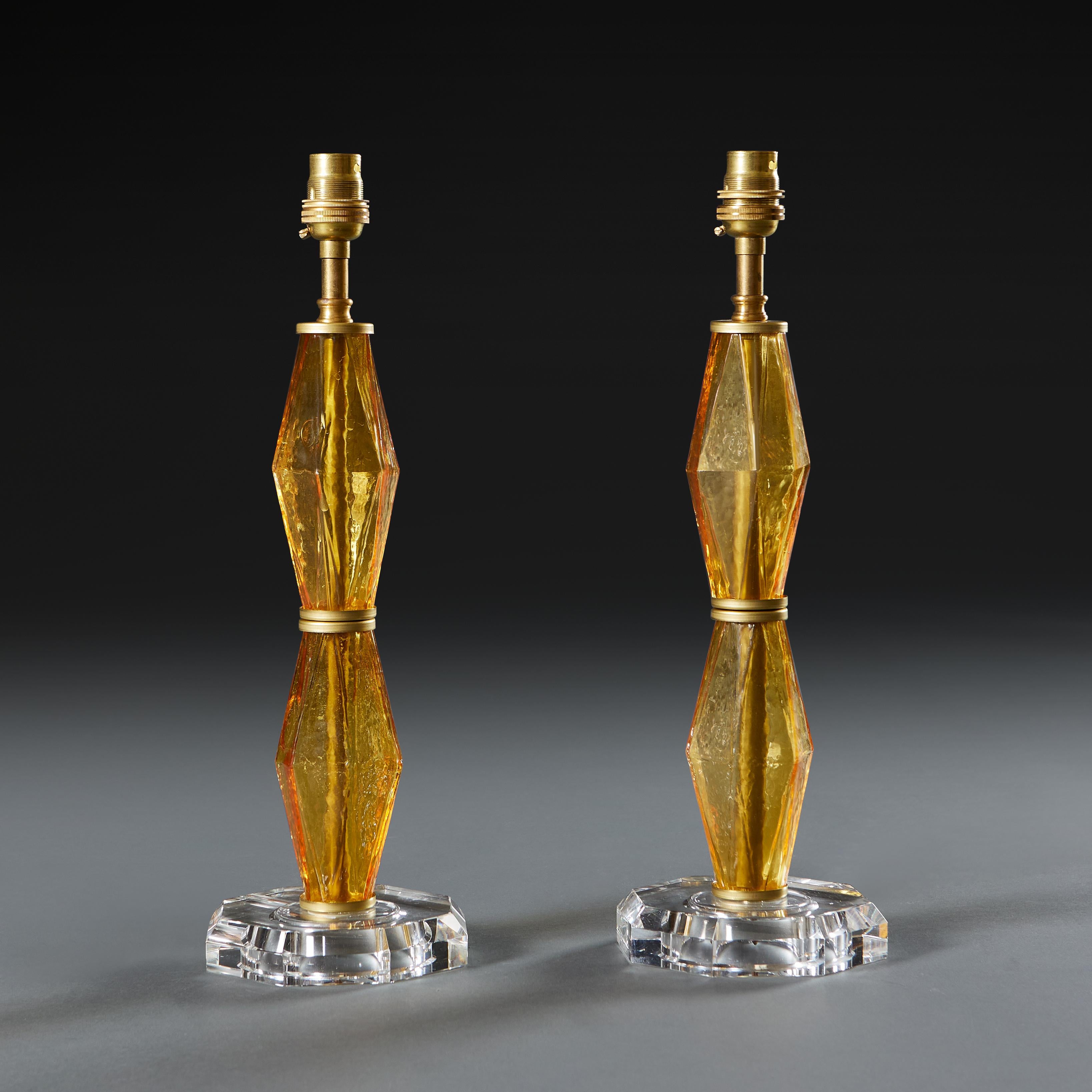 Mid-Century Modern Pair of Carlo Scarpa Amber Glass Lamps For Sale