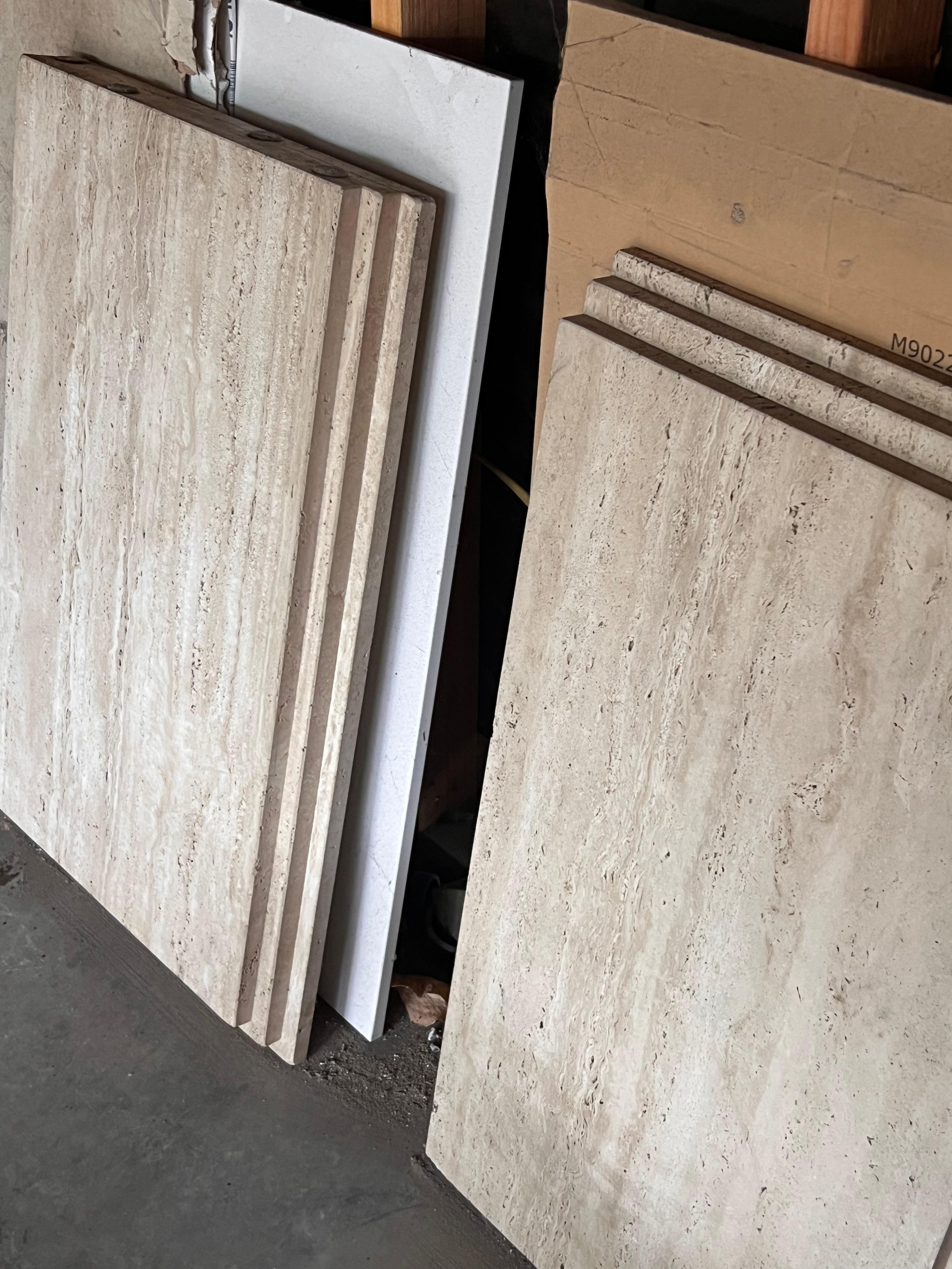 Metal A pair of Carlo Scarpa style vintage Italian travertine slabs, 20th century For Sale