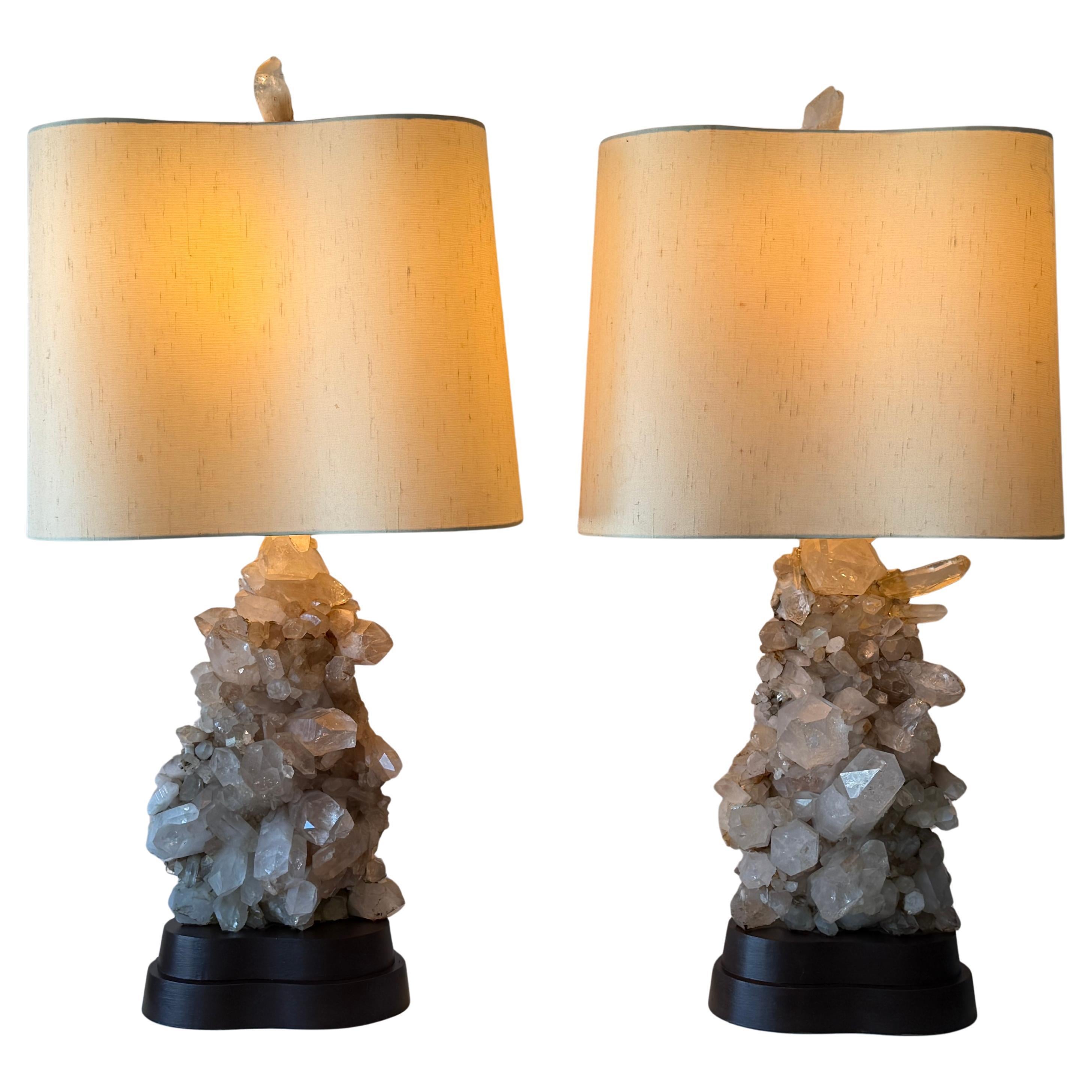 A Pair of Carole Stupell Rock Crystal Lamps With Original Shades ca
 1950
s For Sale