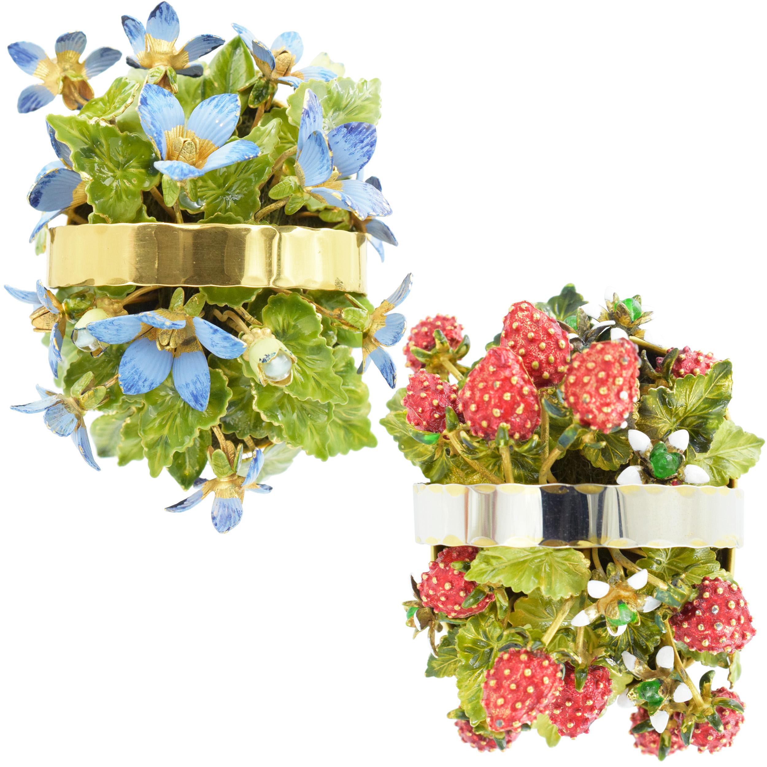 A pair of Cartier enamel and silver flower and fruit baskets.  2