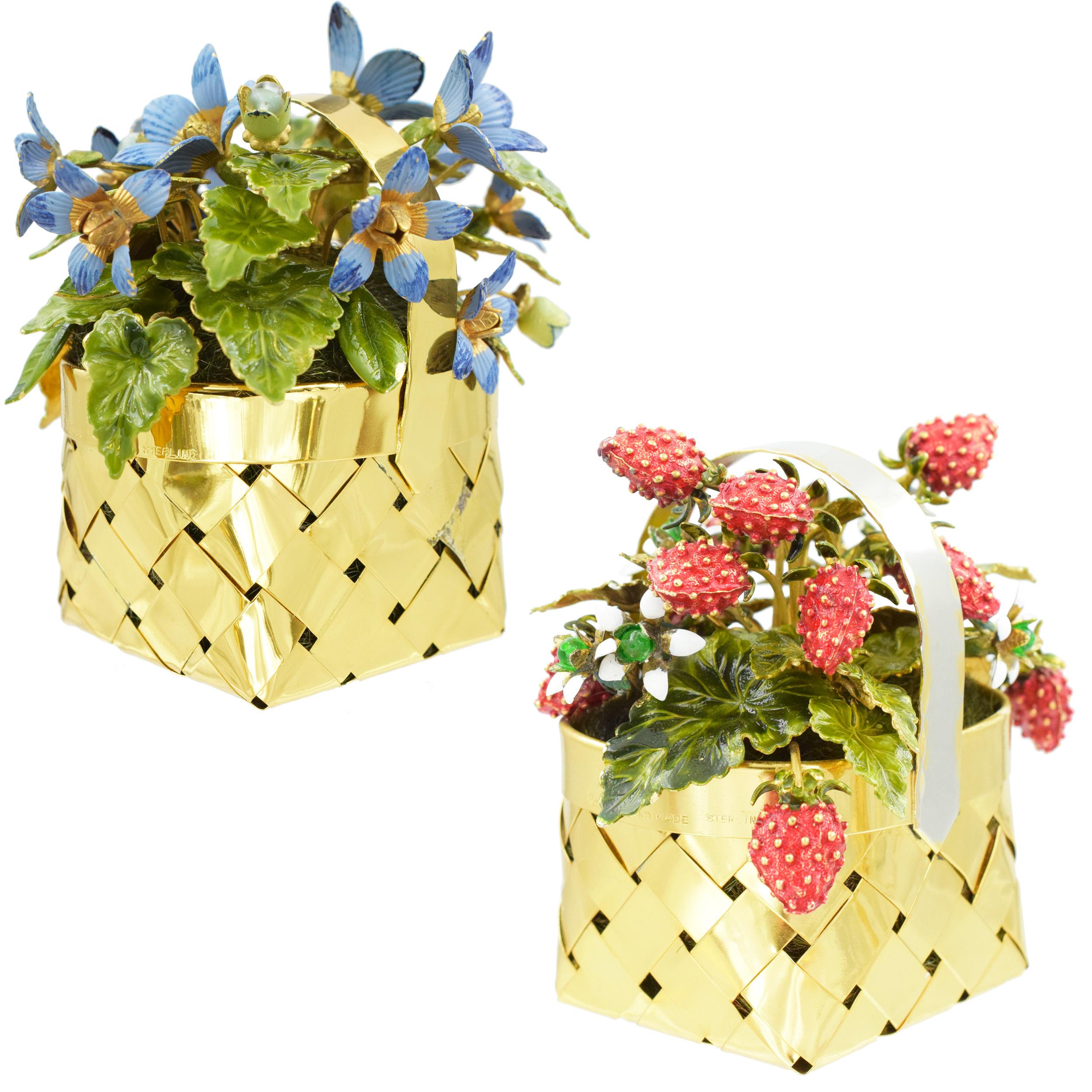 A pair of Cartier enamel and silver flower and fruit baskets.  7