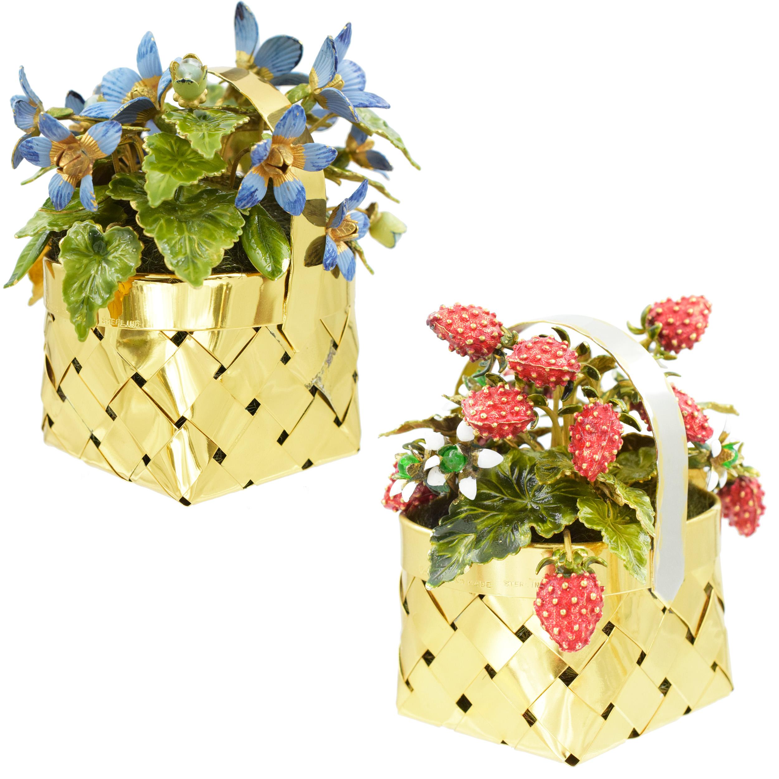 A pair of Cartier enamel and silver flower and fruit baskets. 7