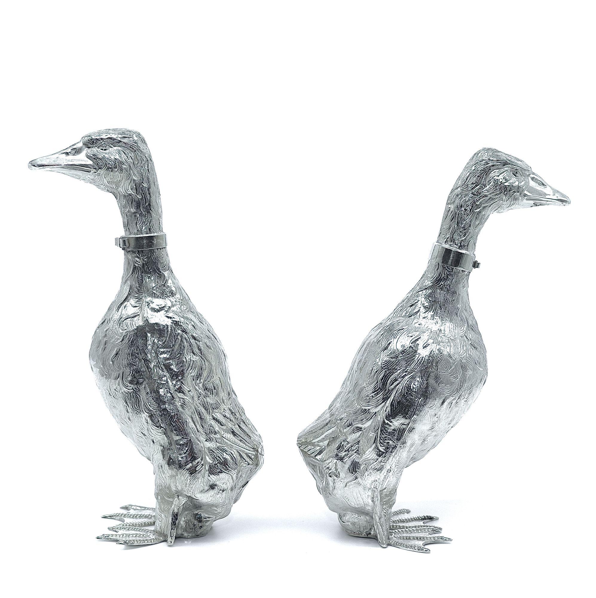 Italian 1920’s Pair of Cartier Silver Duck Decanters For Sale