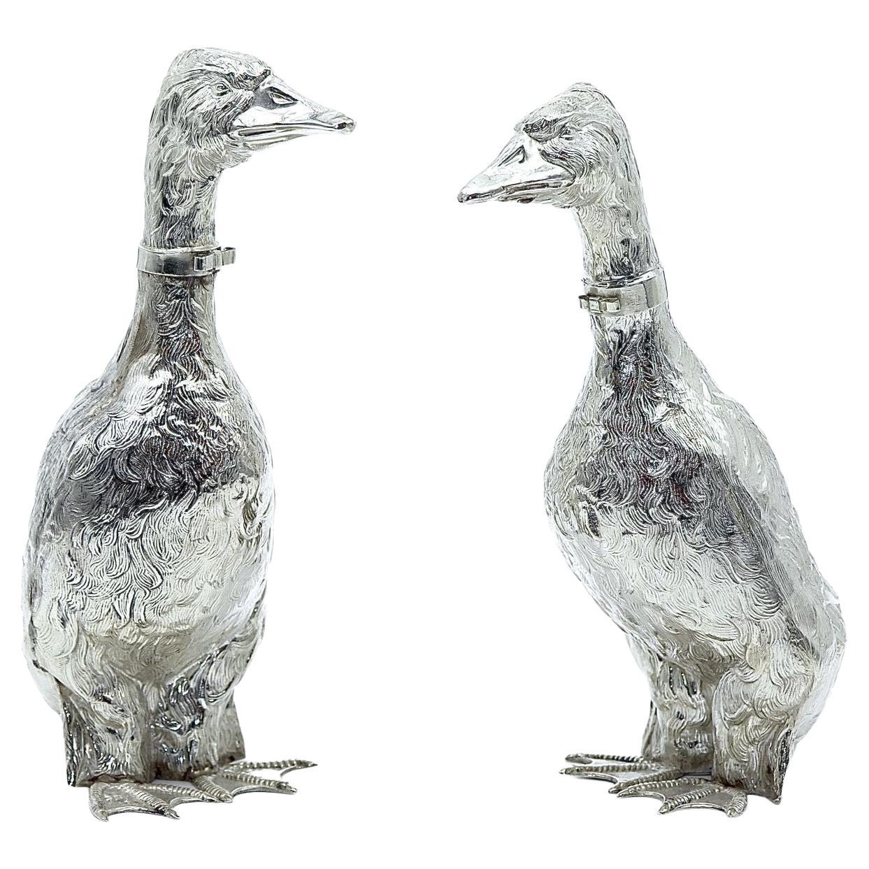 1920’s Pair of Cartier Silver Duck Decanters For Sale