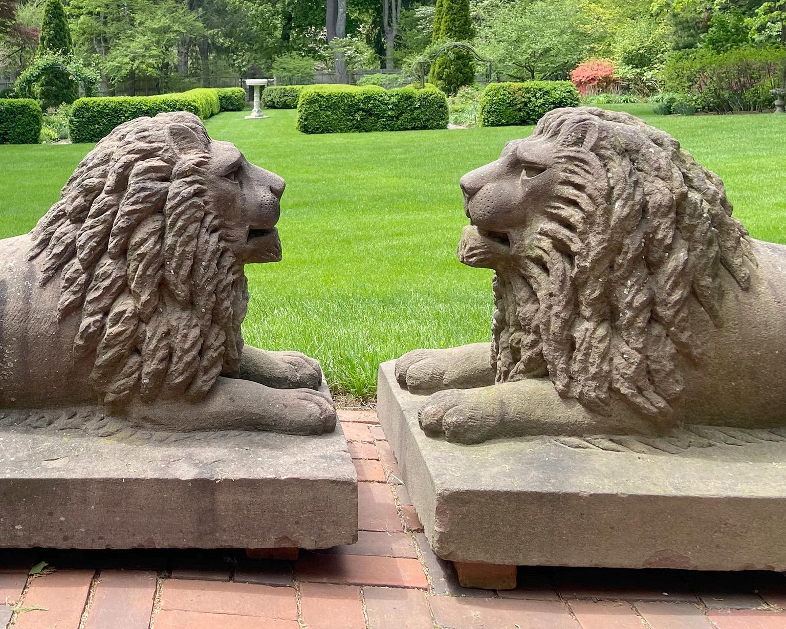 Pair of Carved Brownstone Recumbent Lions in the American Folk Art Style For Sale 1