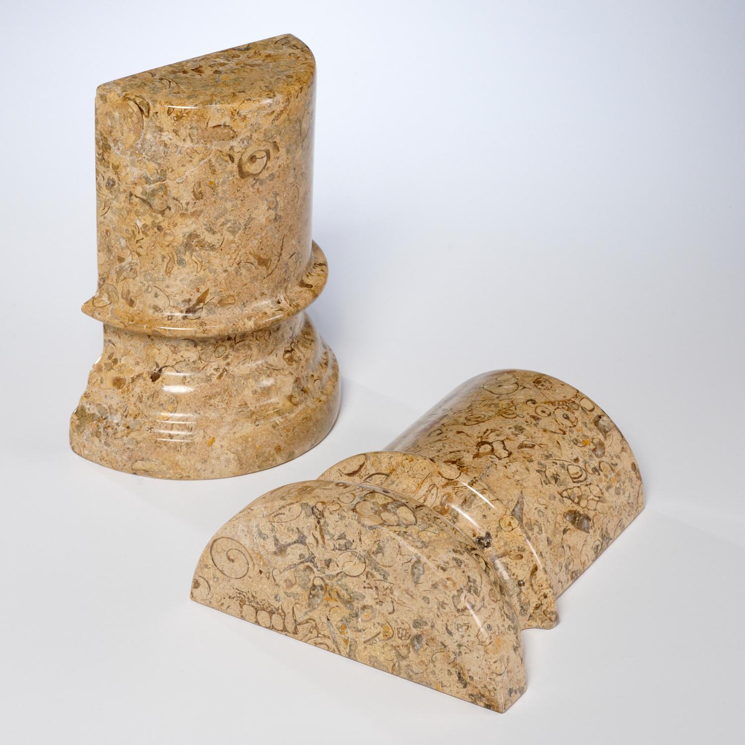 Modern Pair of Carved Fossilized Limestone Bookends with Many Fossils Visible